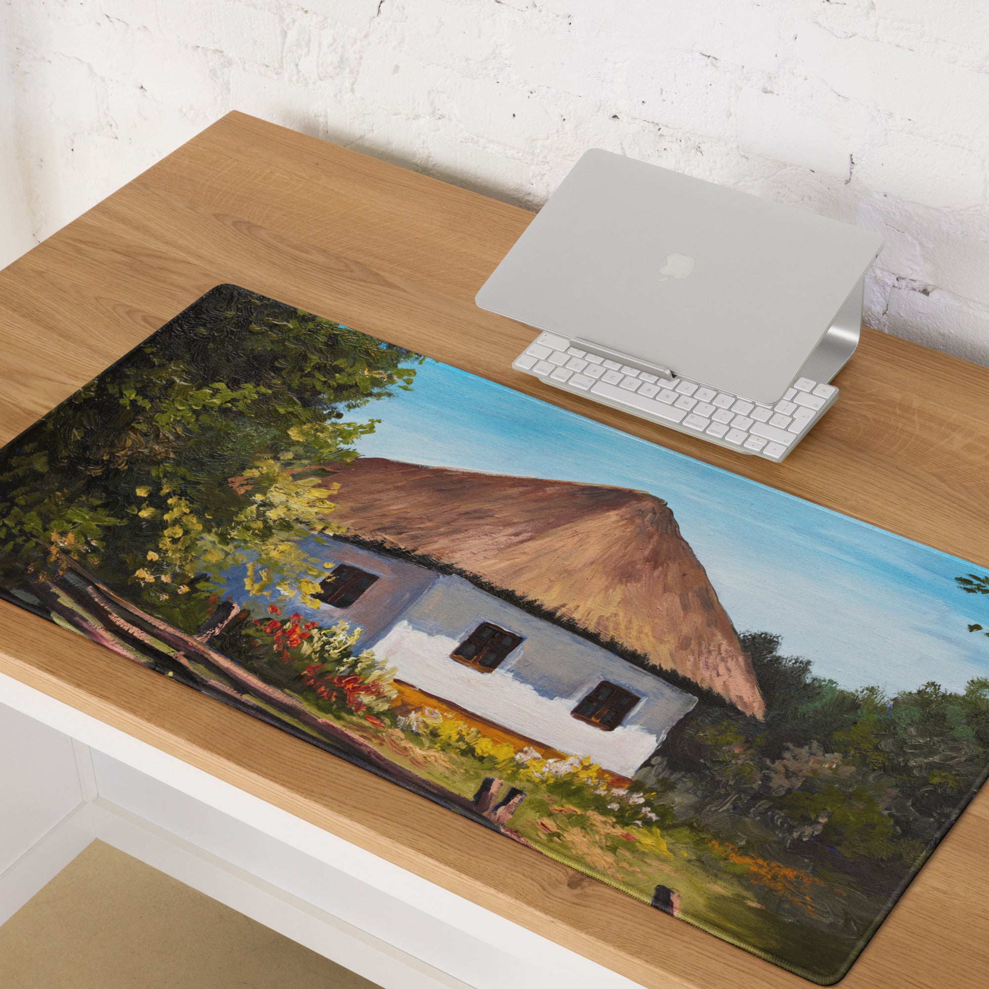 Thatched Roof Village Mouse Pad - Thatched Village Cottage Blue Sky Desk Impressionist Calm Rustic Desk Office Oil