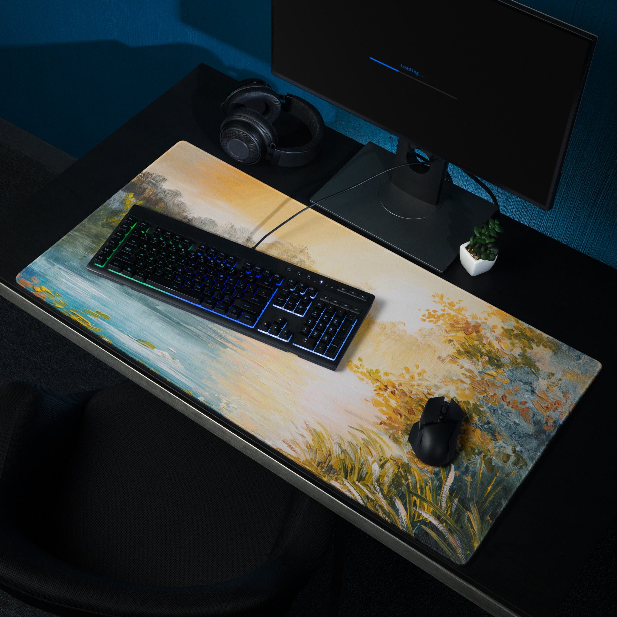 Sunset Landscape Impressionist Mouse Pad - Landscape Sunset Orange Blue Desk | Calm Mood; Modern Desk Decor; Oil Art