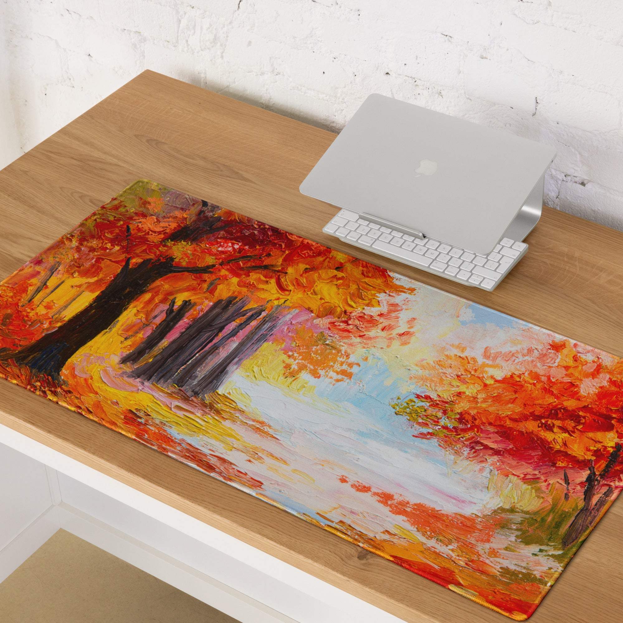 Autumn landscape gaming mouse pad with vibrant impressionist oil painting of orange red forest on non slip desk mat
