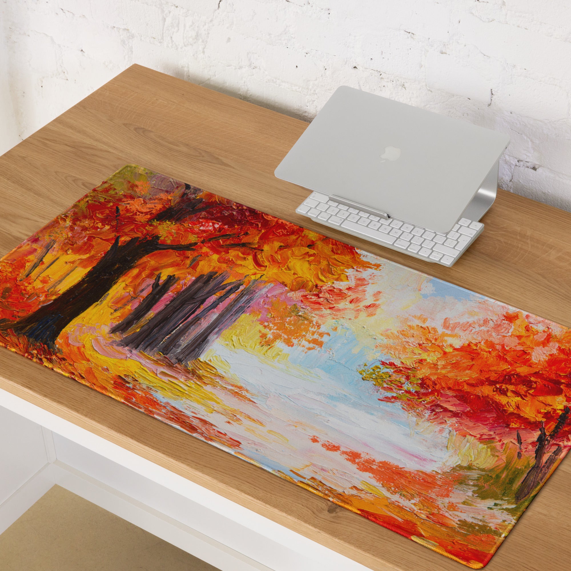 Autumn Landscape Gaming Mouse Pad - Autumn Orange Red Desk Impressionist Oil Warm Cozy Mood Contemporary Office Non Slip