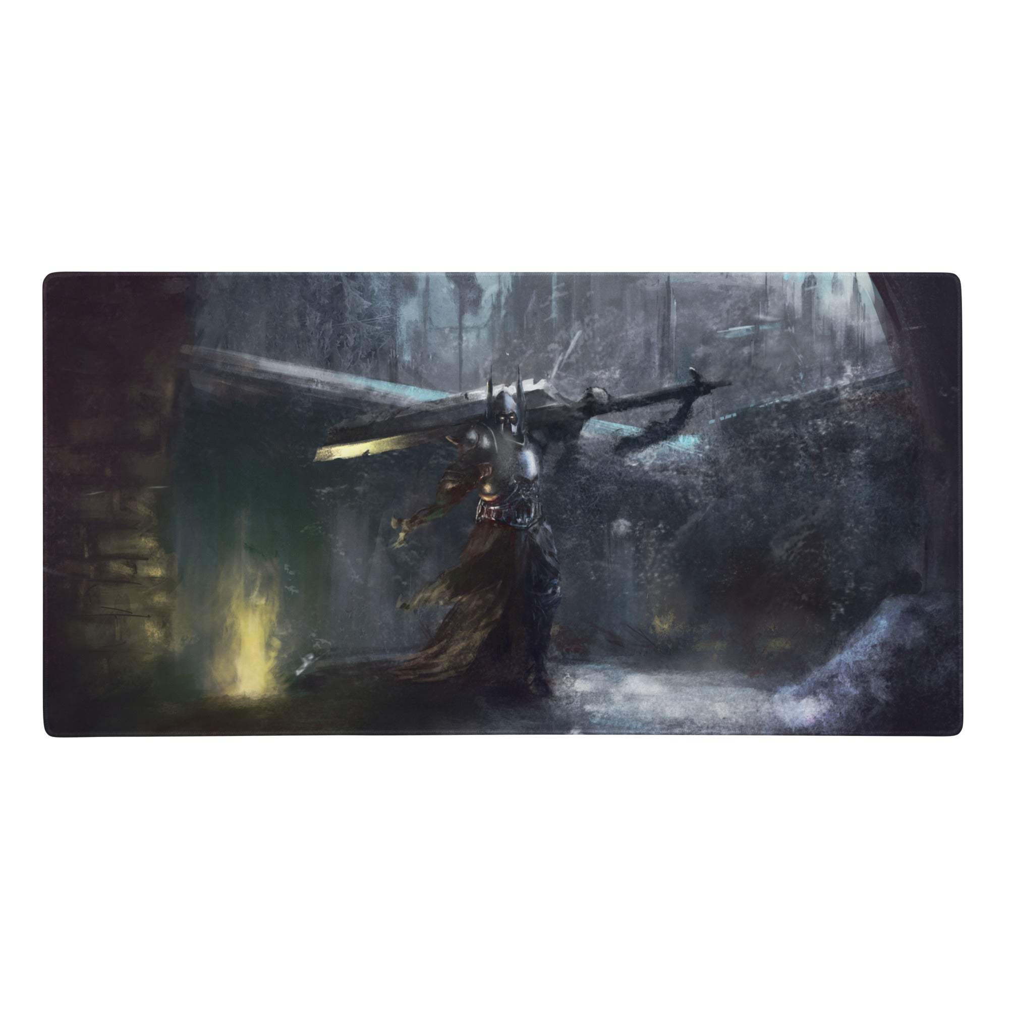 Dark fantasy-themed cosmic battle gaming mouse pad featuring a gothic warrior with oversized sword on moody gray background
