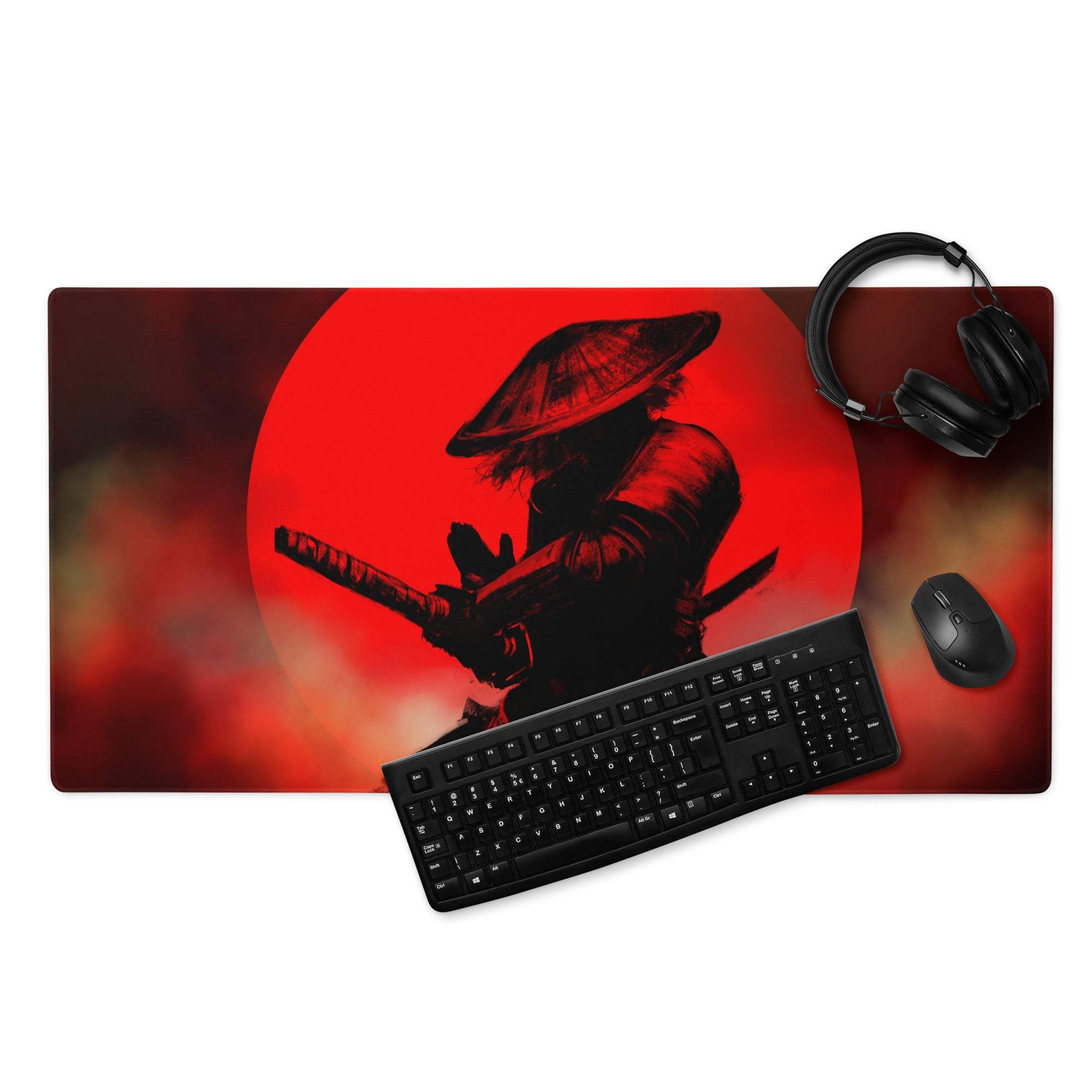 Crimson Samurai Mouse Pad - Samurai Silhouette Red Black Gaming Desk Bold Dramatic Mood Modern Gaming Mouse Pad Art