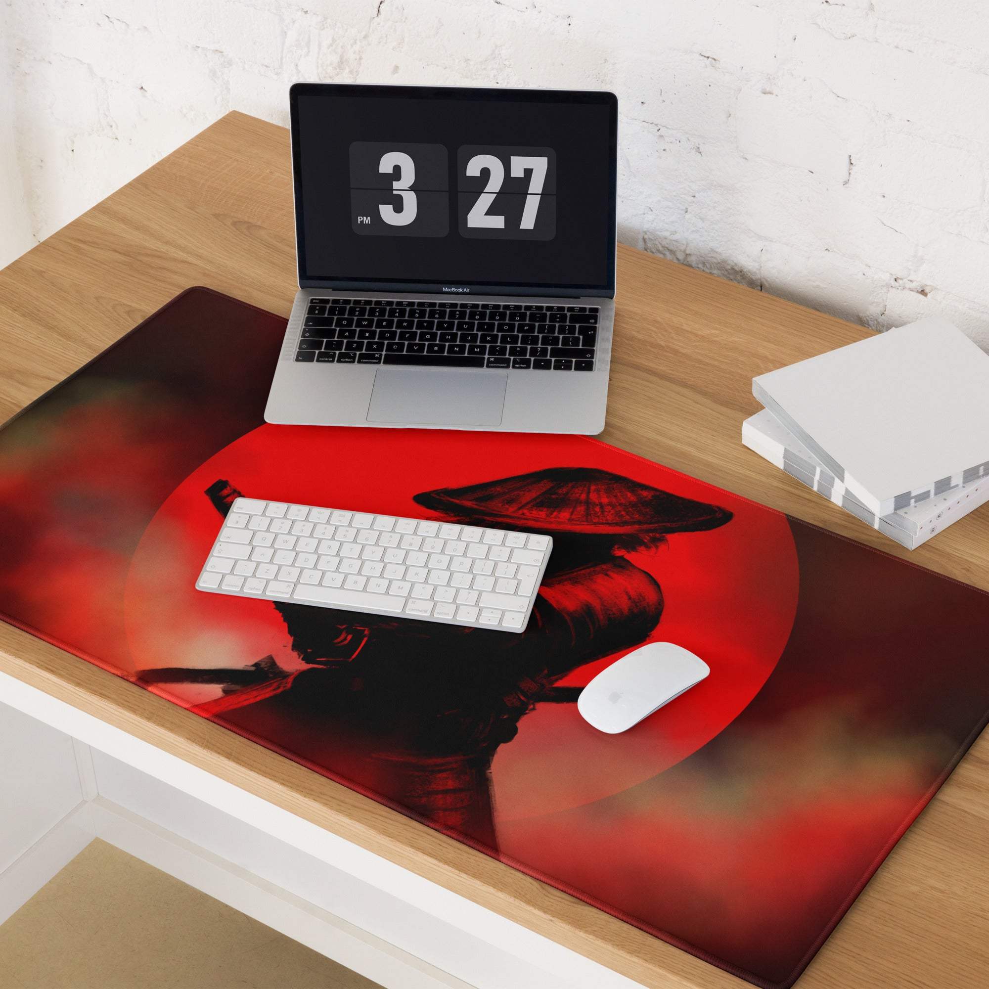 Crimson Samurai Mouse Pad - Samurai Silhouette Red Black Gaming Desk Bold Dramatic Mood Modern Gaming Mouse Pad Art