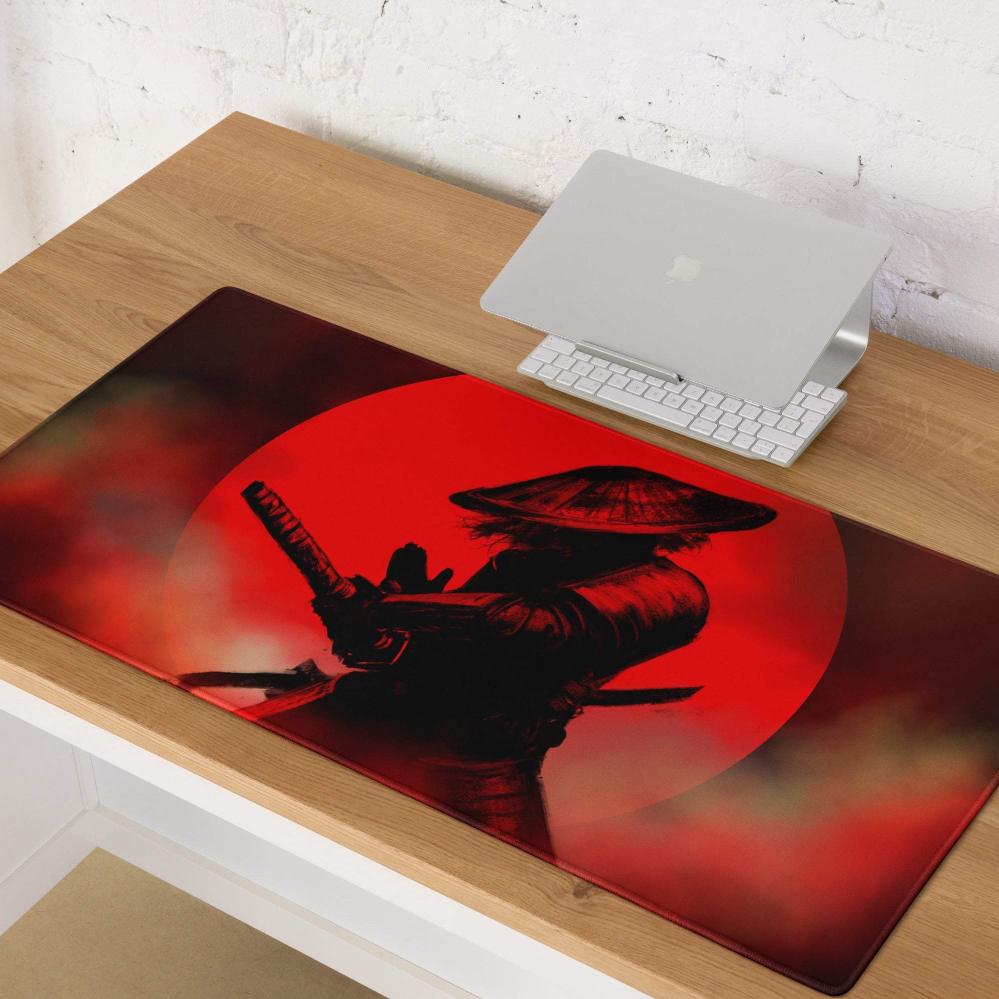 Crimson Samurai Mouse Pad - Samurai Silhouette Red Black Gaming Desk Bold Dramatic Mood Modern Gaming Mouse Pad Art