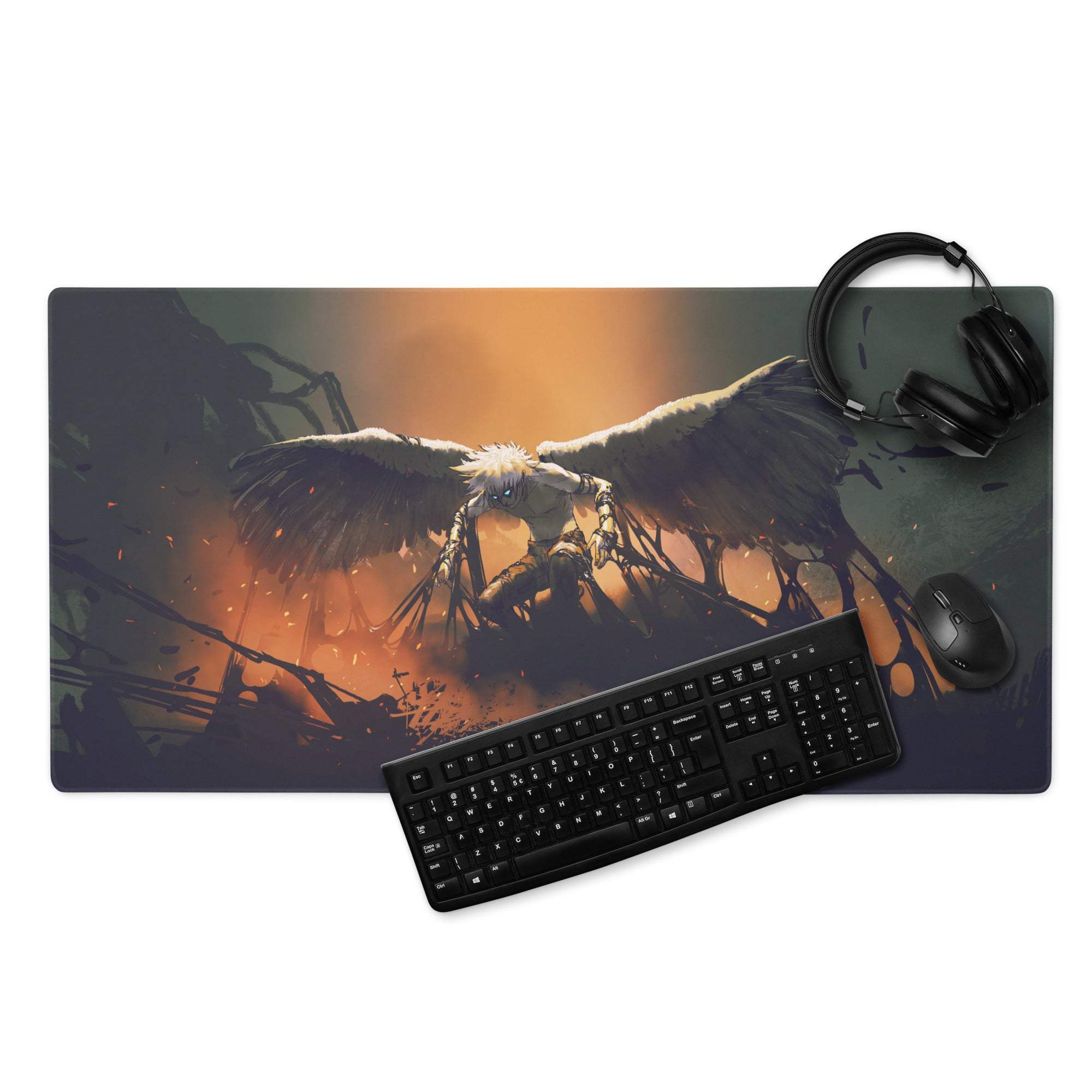 Fiery Winged Battle Art Mouse Pad - Gaming Mouse Pad Black And Orange Gaming Desk Dark Fantasy Intense Mood Desk Mat