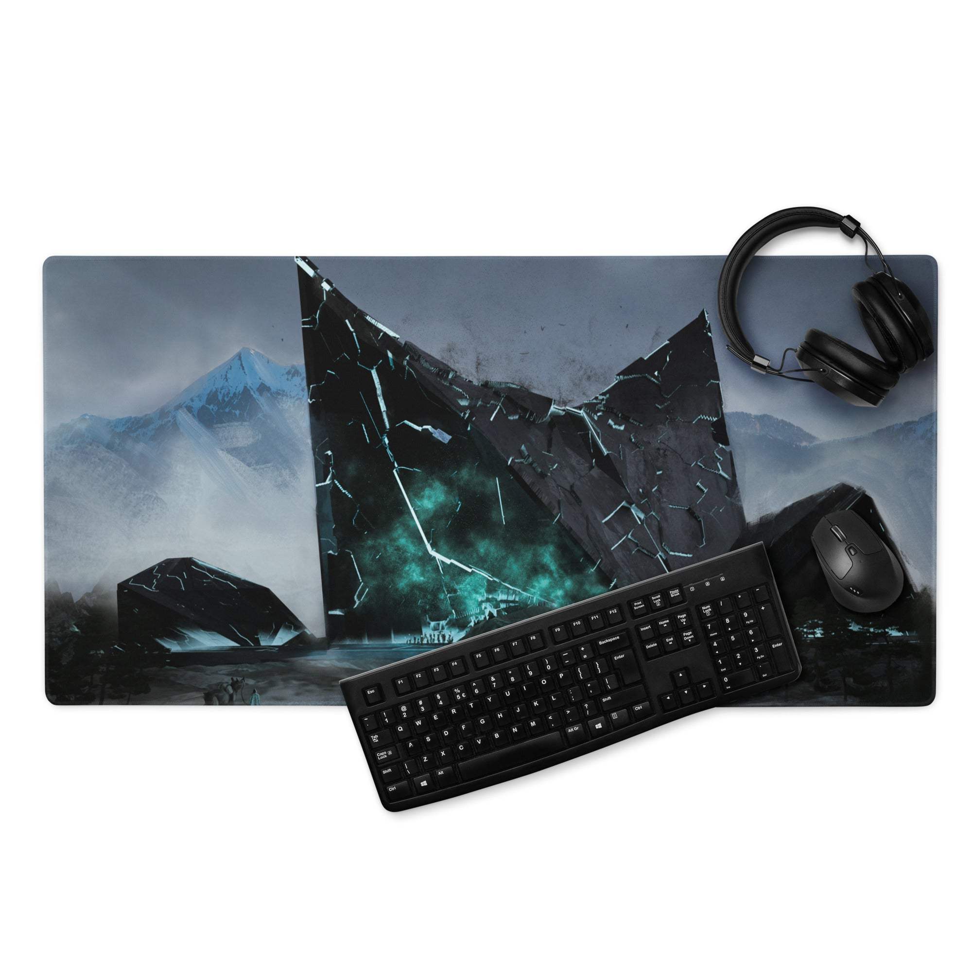 Shattered Crystal Mountains Desk Pad - Shattered Crystal Mountains Blue Gaming Desk Pad Epic Mood Futuristic Decor