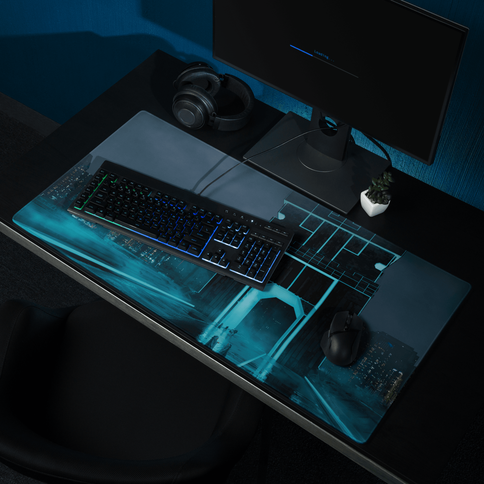 Blue Neon Cyberpunk Pad - Gaming Mouse Pad Blue Neon Cyberpunk Desk Moody Neon Tech Decor Cyberpunk Desk Mat Digital