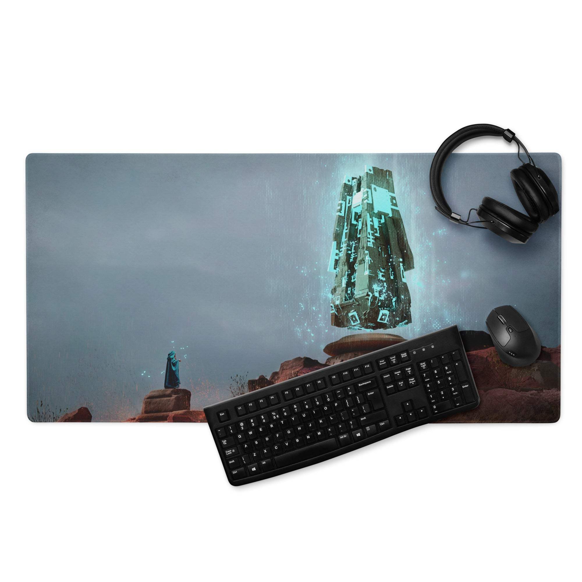 Desert Monolith Gaming Mouse Pad - desert monolith teal glow desk gaming epic futuristic mood modern desk decor mat