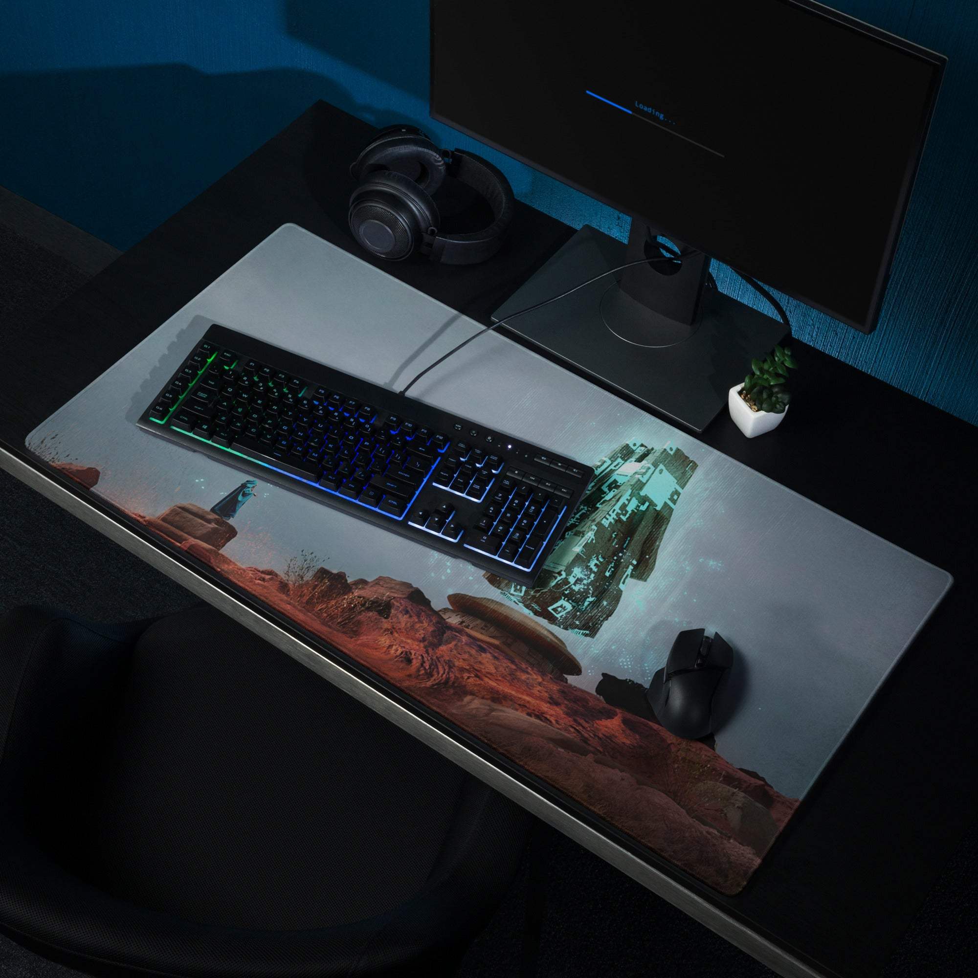 Desert Monolith Gaming Mouse Pad - desert monolith teal glow desk gaming epic futuristic mood modern desk decor mat