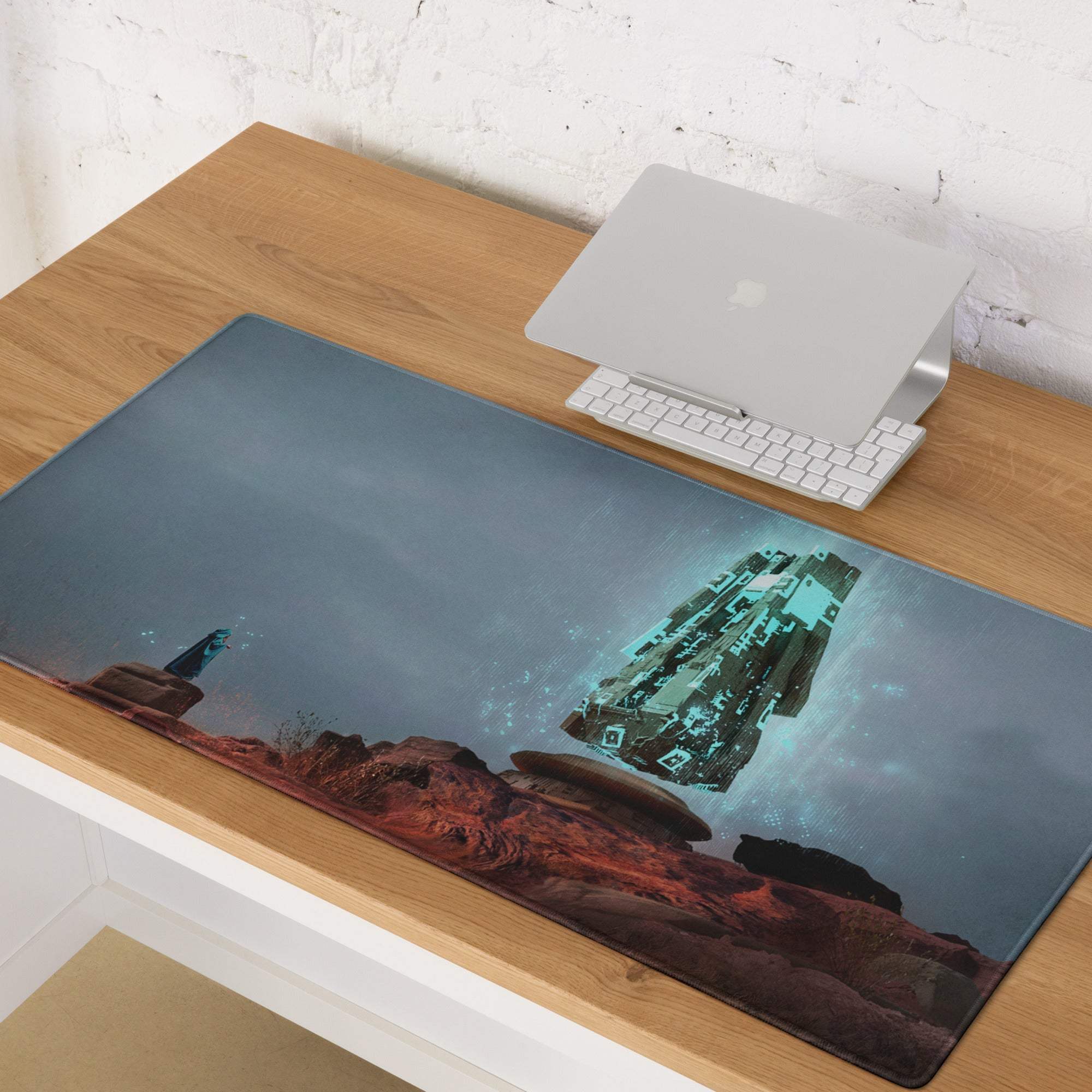 Desert Monolith Gaming Mouse Pad - desert monolith teal glow desk gaming epic futuristic mood modern desk decor mat