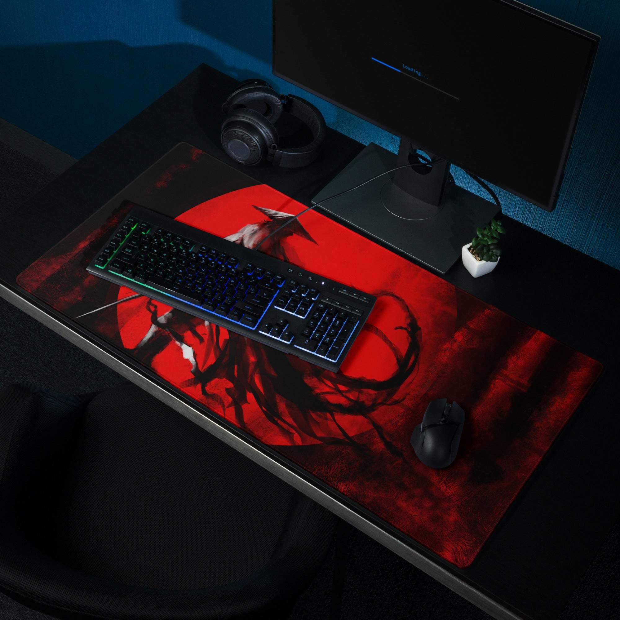 Crimson Oni Gaming Mouse Pad - Oni Red Black Gaming Desk Cyberpunk Intense Moody Minimalist Gamer Large Non Slip Stitched