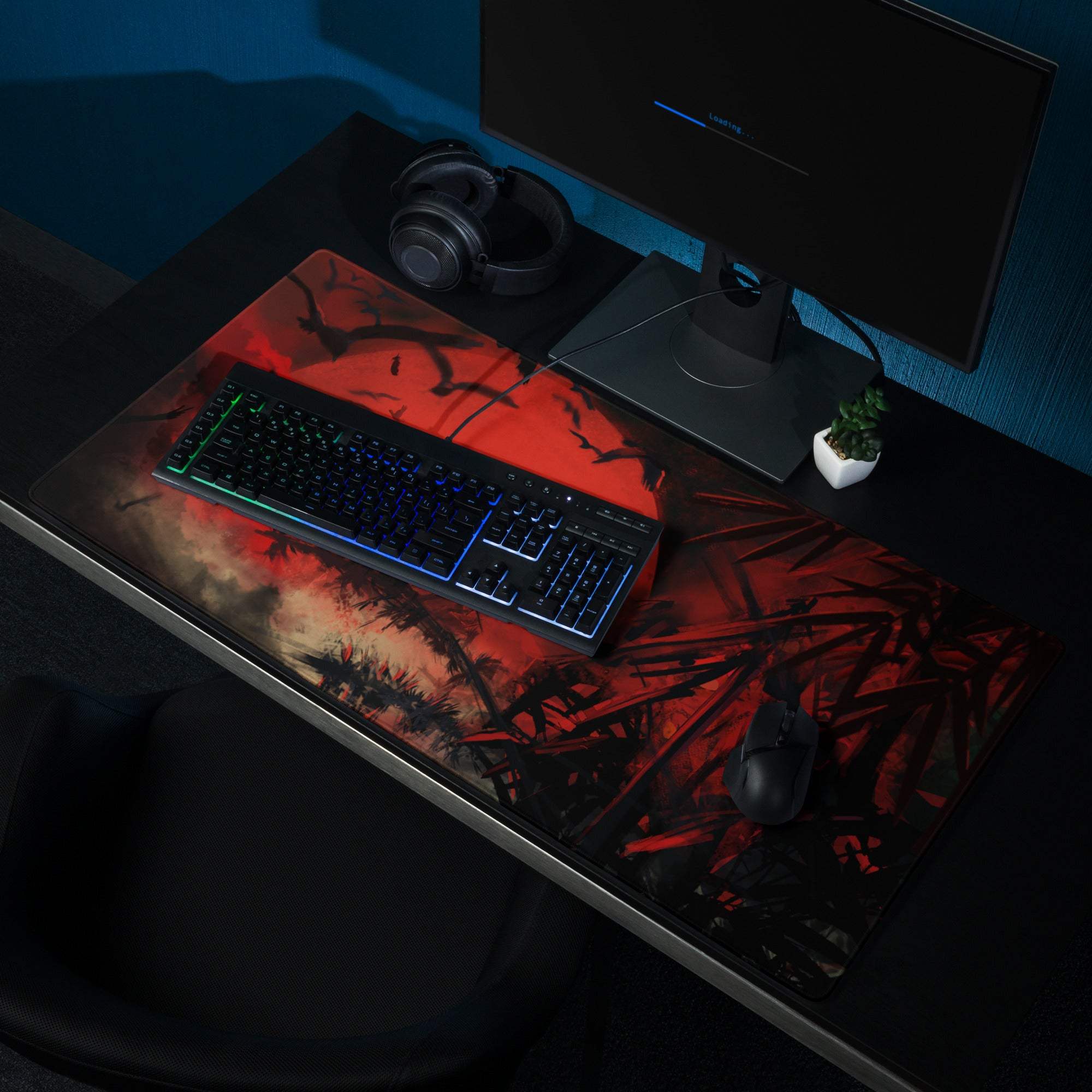 Crimson Fury Gaming Mouse Pad - Gaming Mouse Pad Red Black Desk Abstract Intense Techno Esports Large Size Digital Art