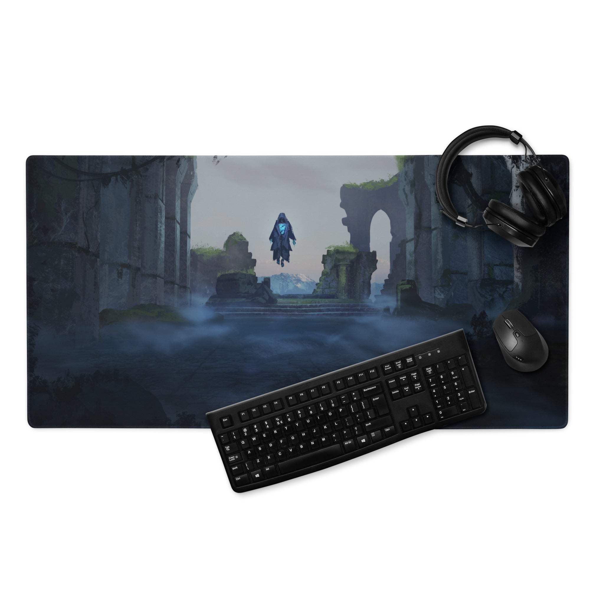 Mystic Ruins Fantasy Pad - Gaming Mouse Pad Navy Blue Desk Cinematic Moody Atmosphere Dark Aesthetic Desk Mat