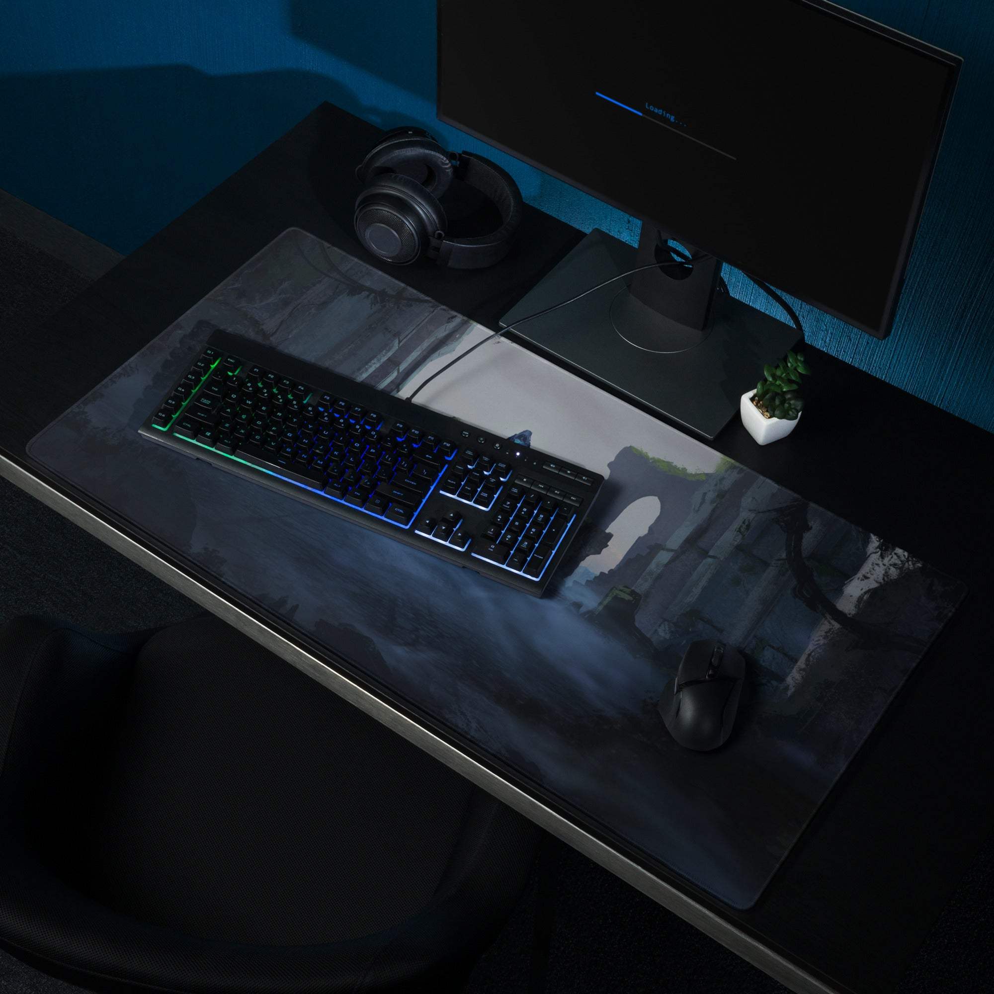 Mystic Ruins Fantasy Pad - Gaming Mouse Pad Navy Blue Desk Cinematic Moody Atmosphere Dark Aesthetic Desk Mat