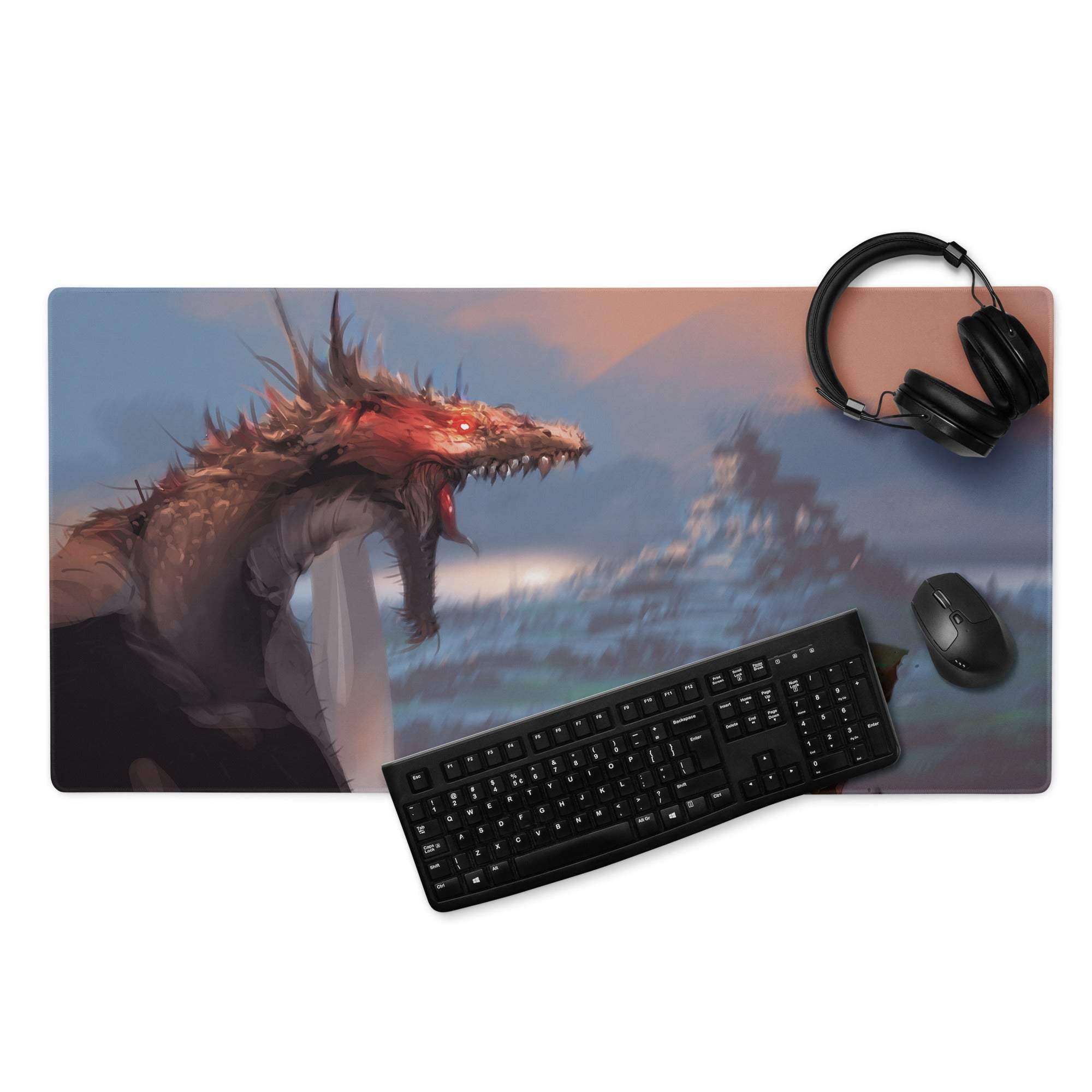 Dragon Sky Gaming Mouse Pad - Dragon Mouse Pad Blue Purple Sunset Gaming Desk Fantasy Epic Mood Cinematic Digital Art