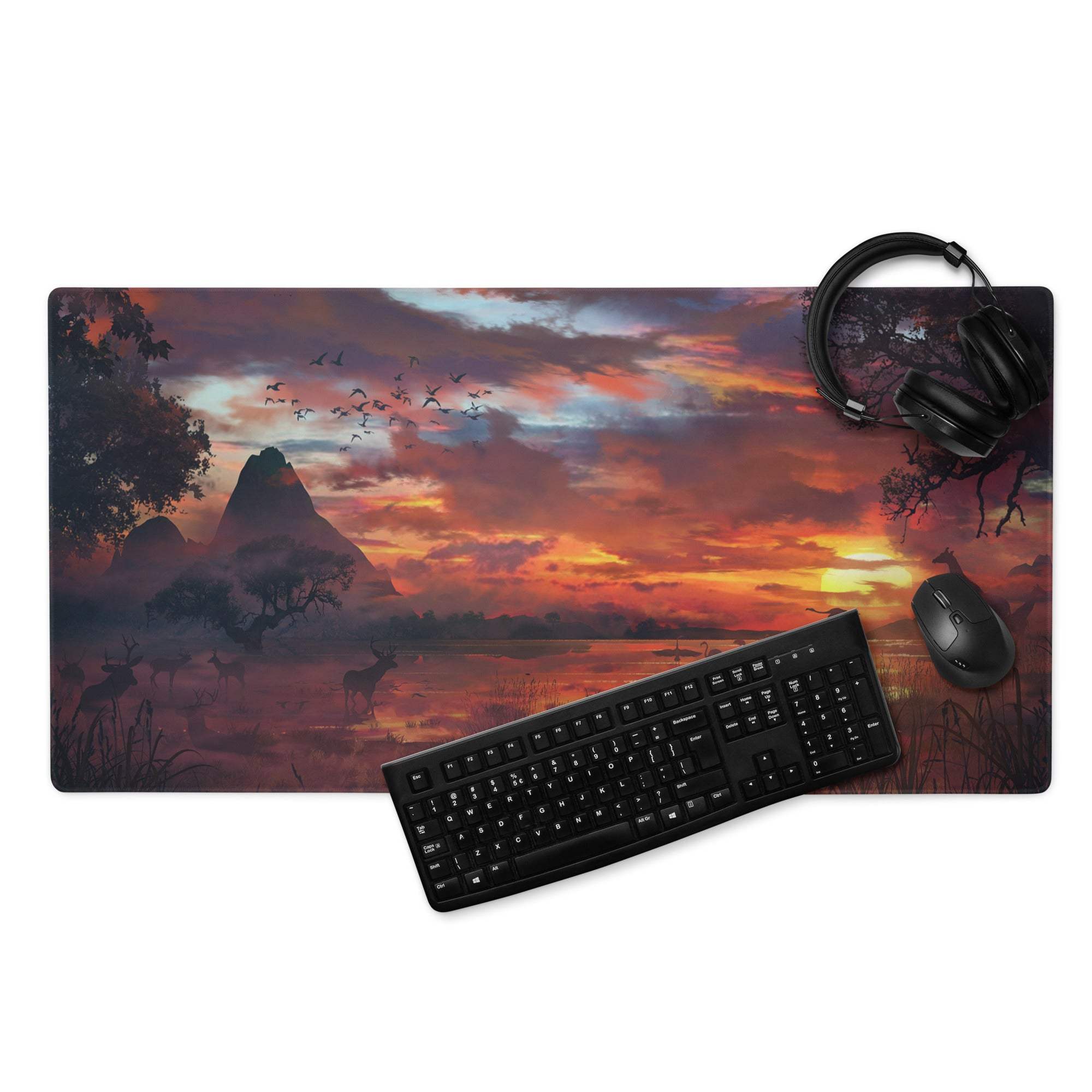 Sunset Safari Gaming Desk Mat - Gaming Mouse Pad Sunset Orange Purple Desk Landscape Warm Mood Modern Gamer Non Slip