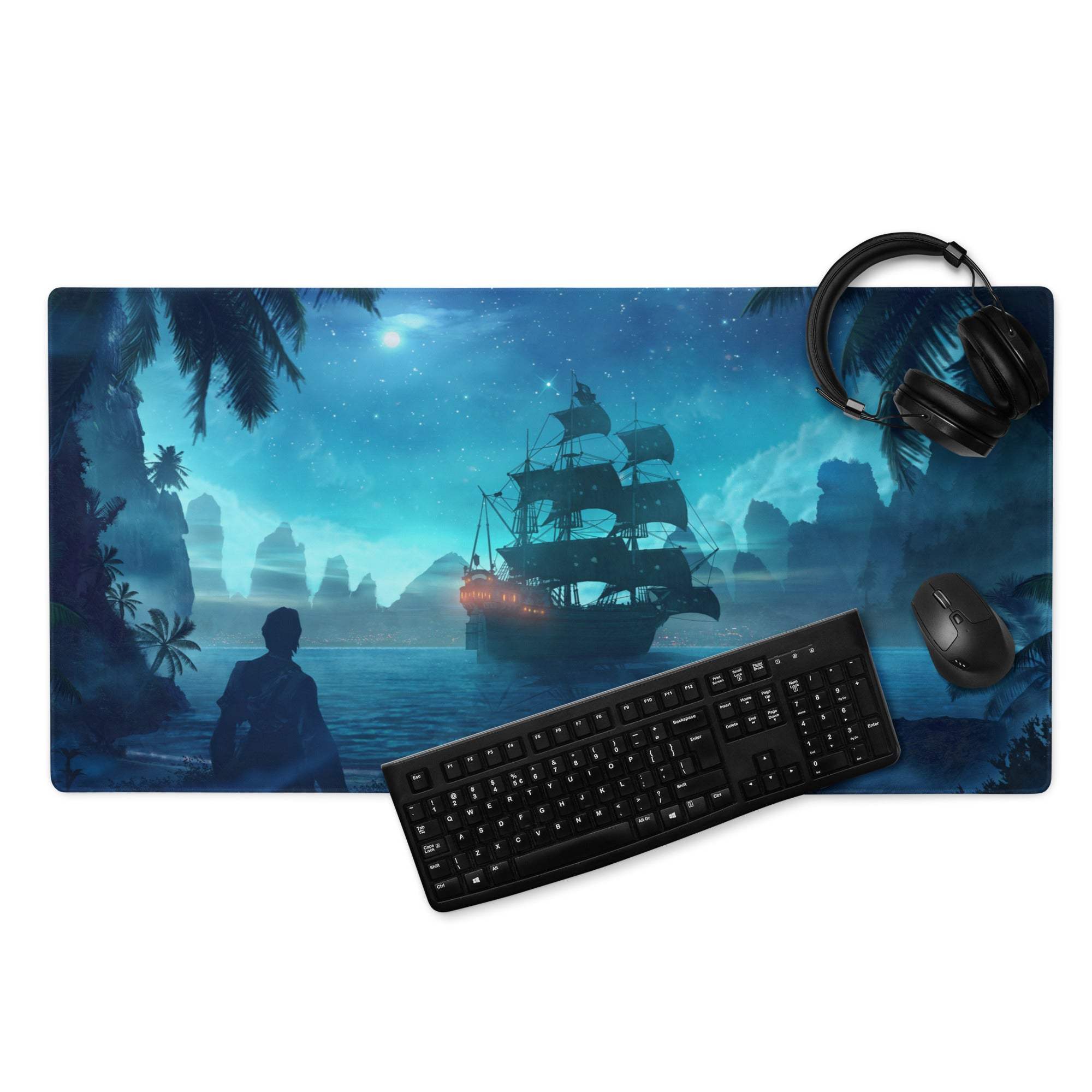 Navy Night Pirate Ship Gaming Mouse Pad - Pirate Ship Navy Blue Gaming Pad Fantasy Epic Night Scene Digital Illustration