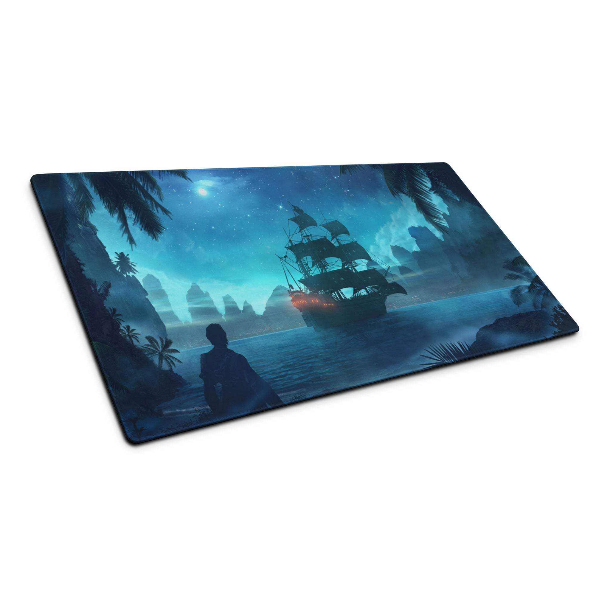 Navy Night Pirate Ship Gaming Mouse Pad - Pirate Ship Navy Blue Gaming Pad Fantasy Epic Night Scene Digital Illustration