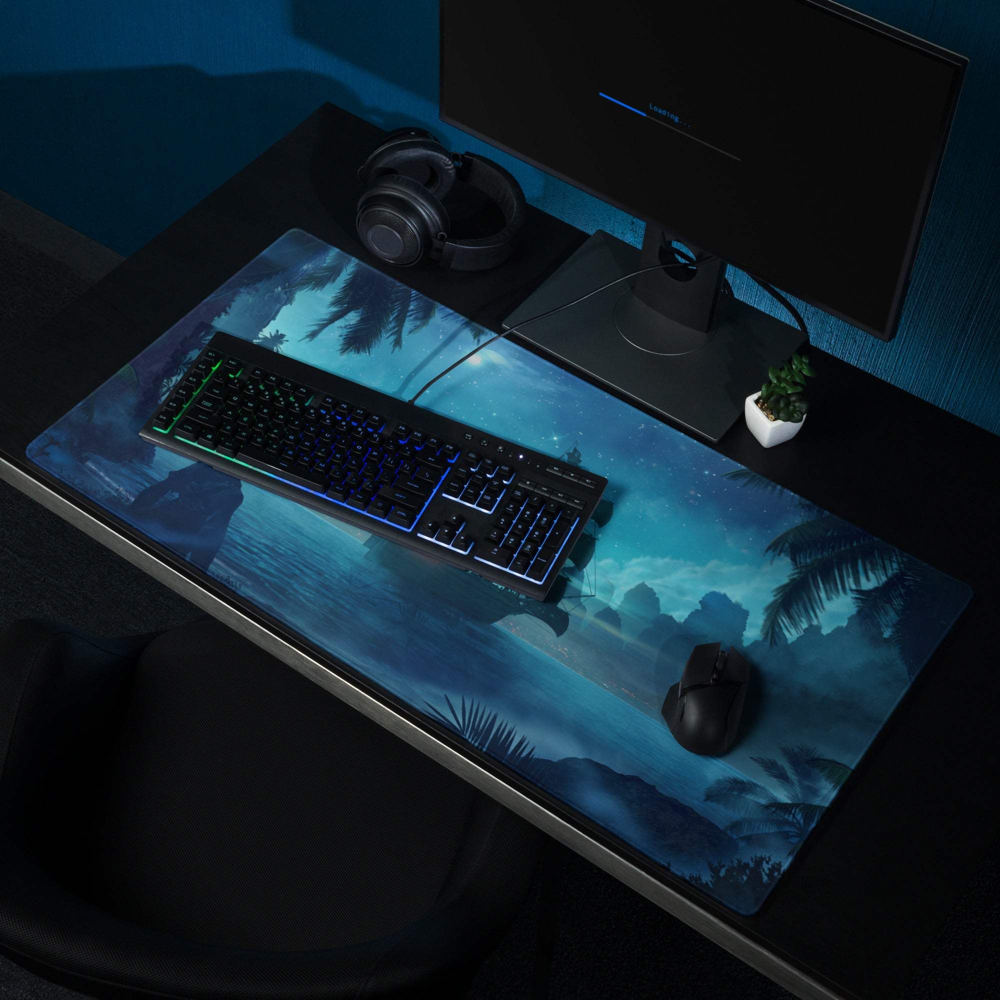 Navy Night Pirate Ship Gaming Mouse Pad - Pirate Ship Navy Blue Gaming Pad Fantasy Epic Night Scene Digital Illustration