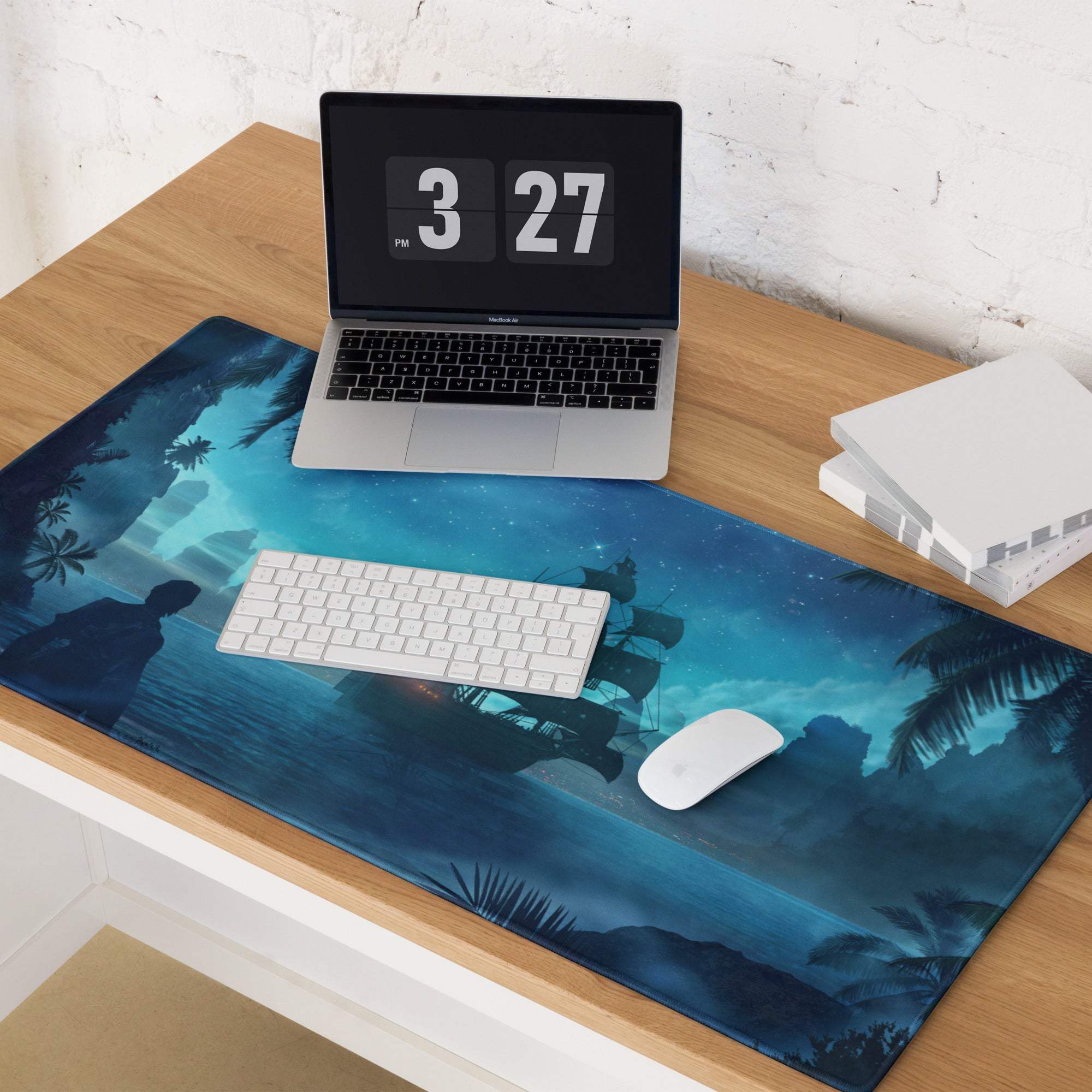 Navy Night Pirate Ship Gaming Mouse Pad - Pirate Ship Navy Blue Gaming Pad Fantasy Epic Night Scene Digital Illustration