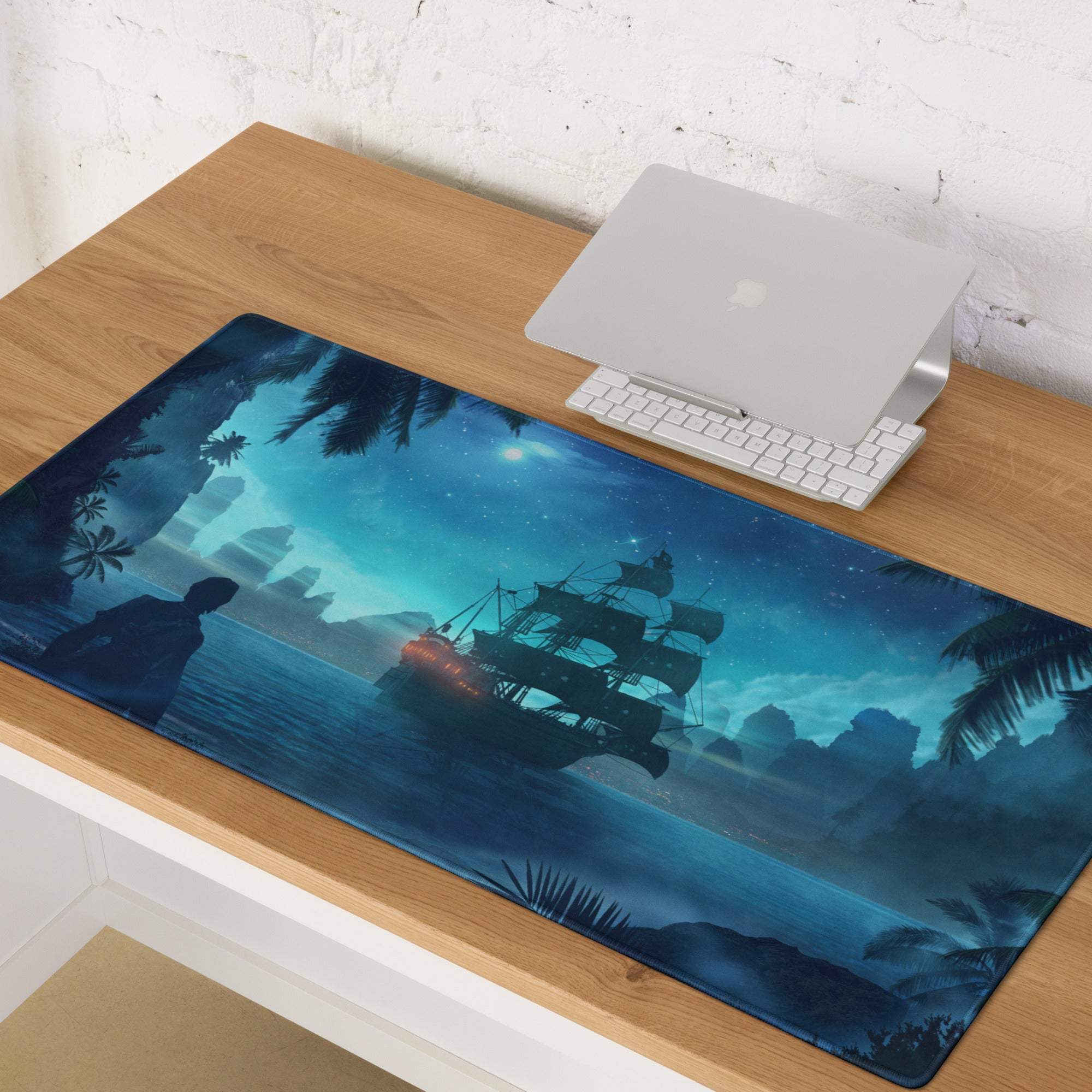 Navy Night Pirate Ship Gaming Mouse Pad - Pirate Ship Navy Blue Gaming Pad Fantasy Epic Night Scene Digital Illustration
