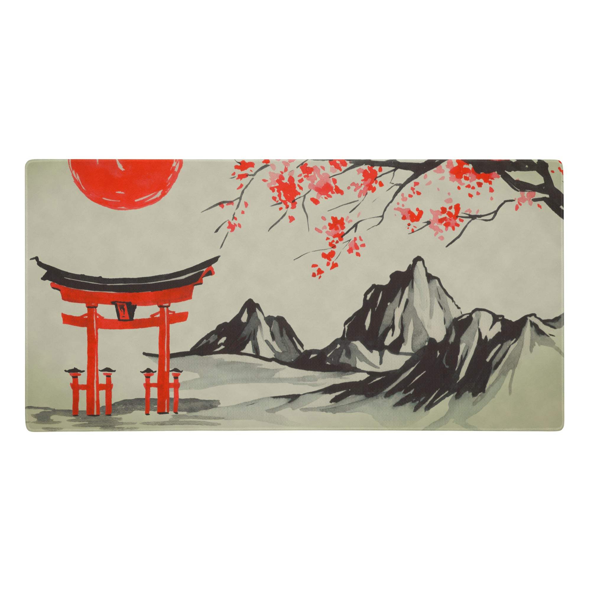 Rectangular red beige ink wash desk mat featuring a stylized torii gate cherry blossoms and mountains for zen gaming setup decor