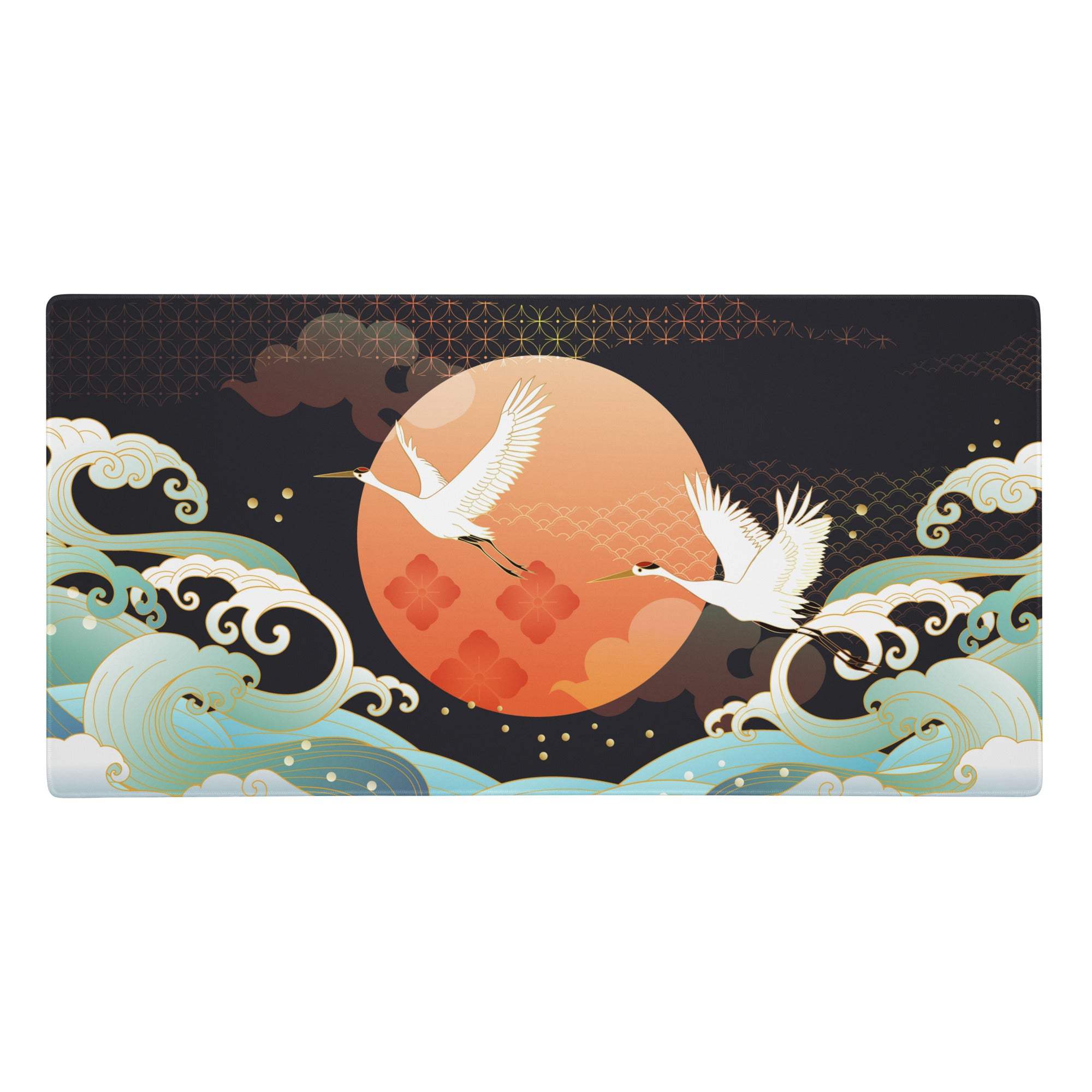 Rectangular gaming mouse pad with two white cranes in flight against an orange moon and teal waves on dark background