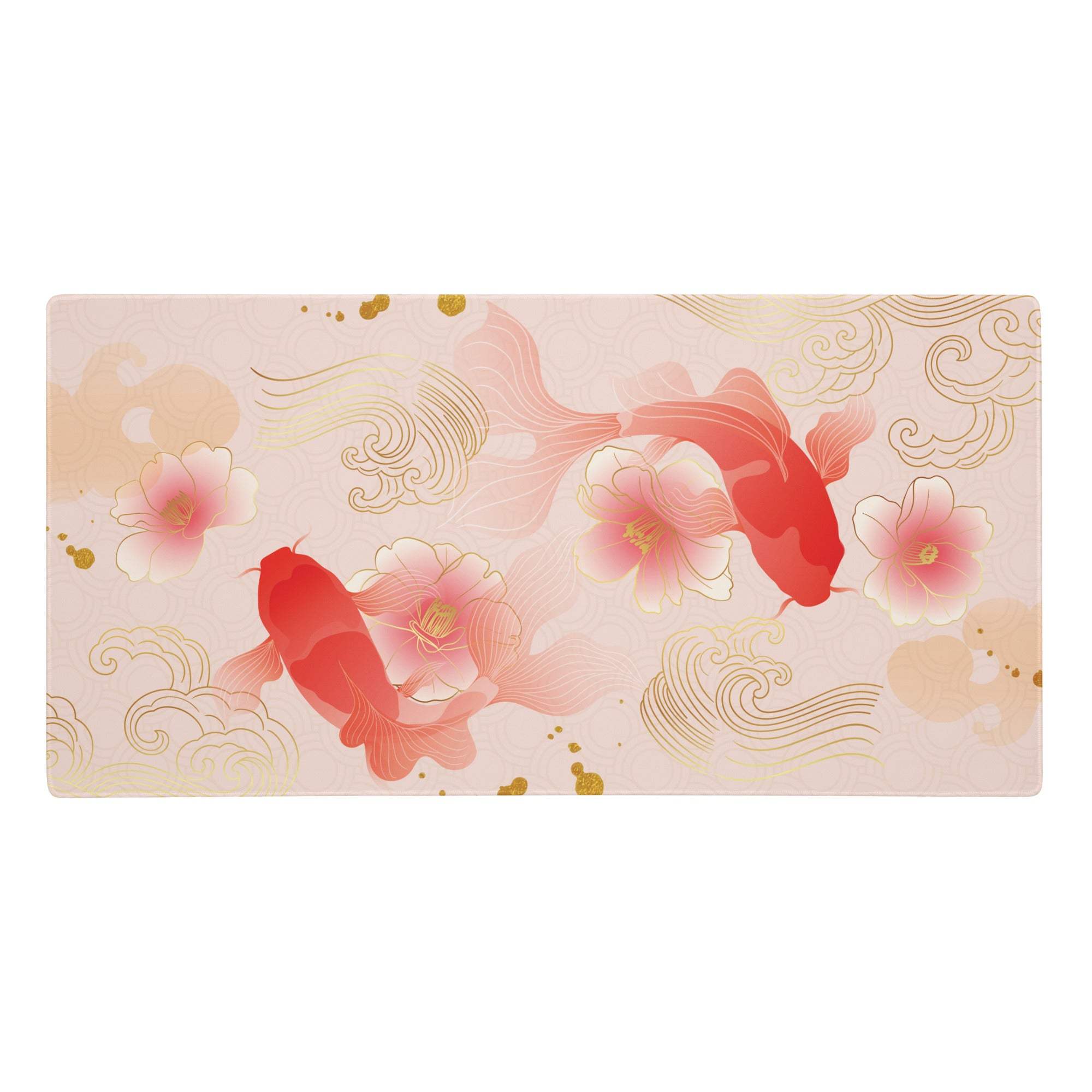 Rectangular blush floral gaming mouse pad with vibrant red goldfish gold accents non slip elegant design