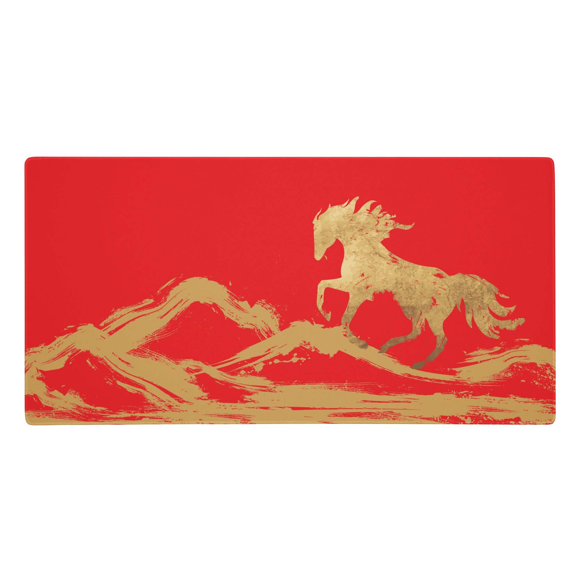Red rectangular Crimson Gallop gaming mouse pad with gold brushstroke of galloping horse over stylized mountains