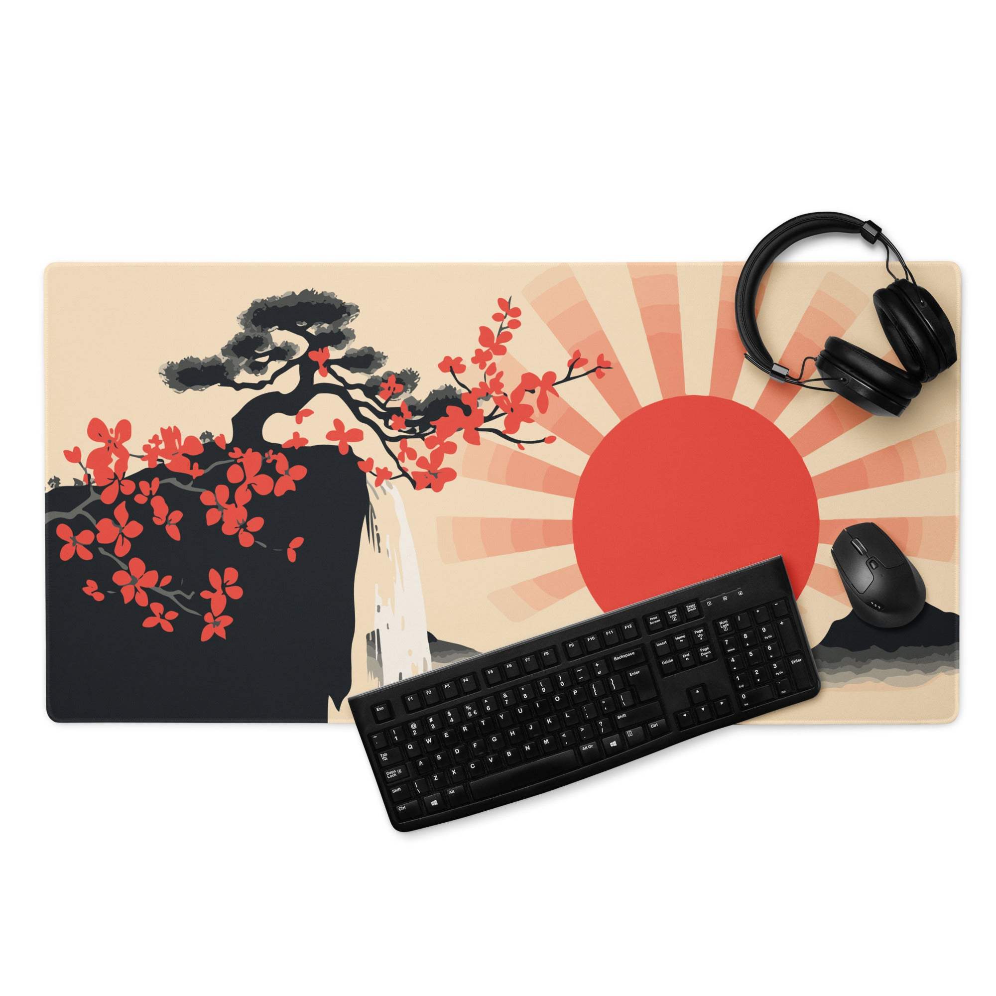 Sunrise Zen Blossom Gaming Mouse Pad - Gaming Mouse Pad, Red Sunburst, Beige, Desk Setup, Ukiyo-e Style, Bold Dramatic