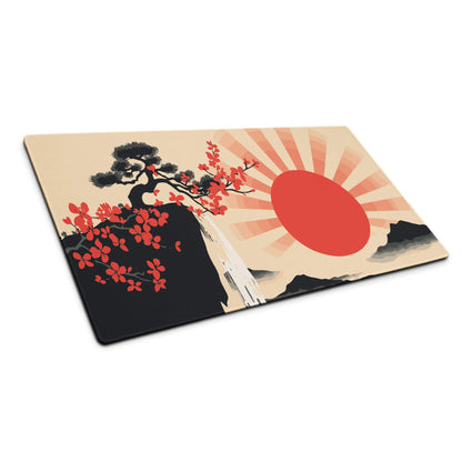 Sunrise Zen Blossom Gaming Mouse Pad - Gaming Mouse Pad, Red Sunburst, Beige, Desk Setup, Ukiyo-e Style, Bold Dramatic