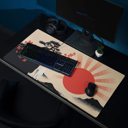 Sunrise Zen Blossom Gaming Mouse Pad - Gaming Mouse Pad, Red Sunburst, Beige, Desk Setup, Ukiyo-e Style, Bold Dramatic