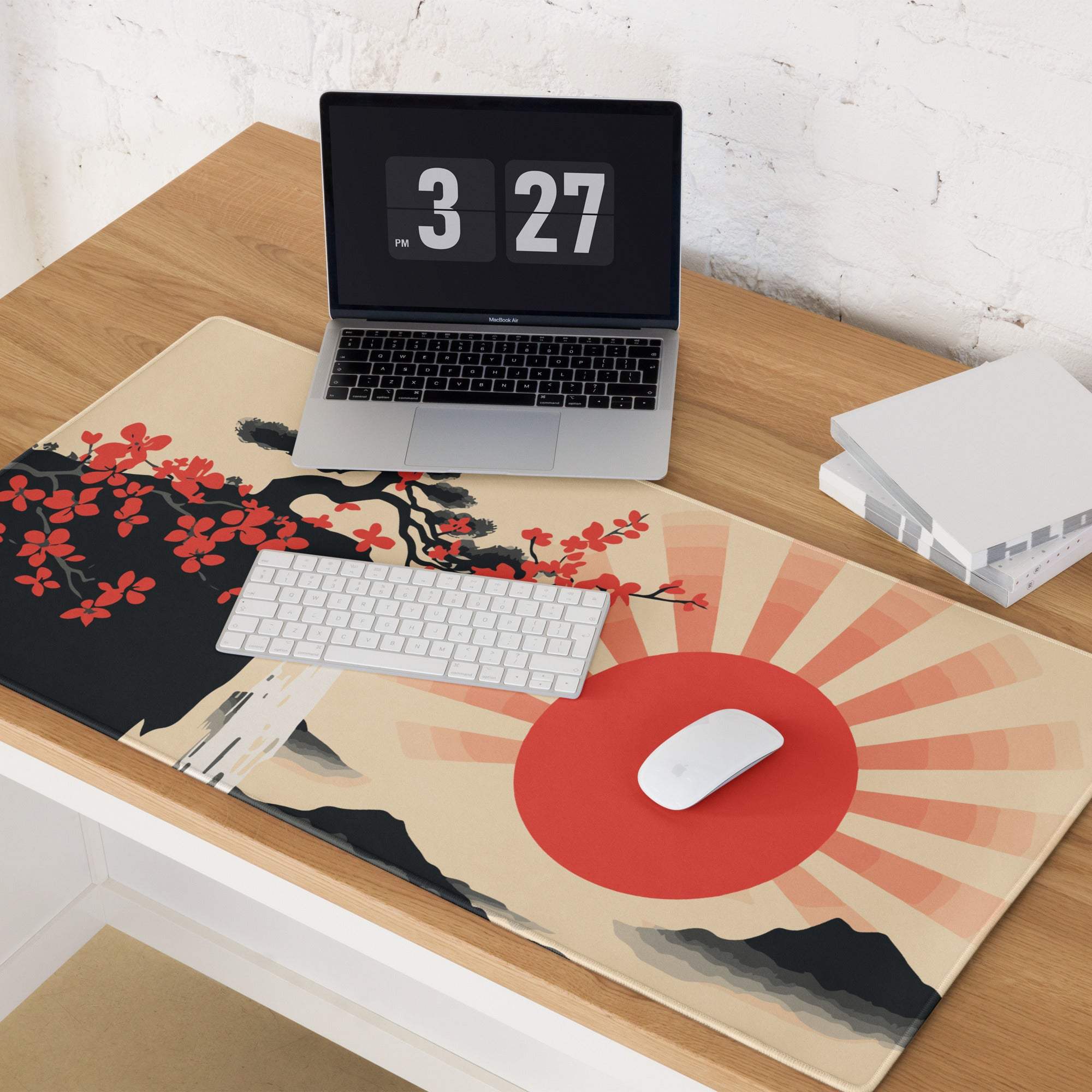 Sunrise Zen Blossom Gaming Mouse Pad - Gaming Mouse Pad, Red Sunburst, Beige, Desk Setup, Ukiyo-e Style, Bold Dramatic