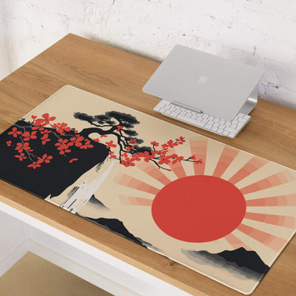 Sunrise Zen Blossom Gaming Mouse Pad - Gaming Mouse Pad, Red Sunburst, Beige, Desk Setup, Ukiyo-e Style, Bold Dramatic