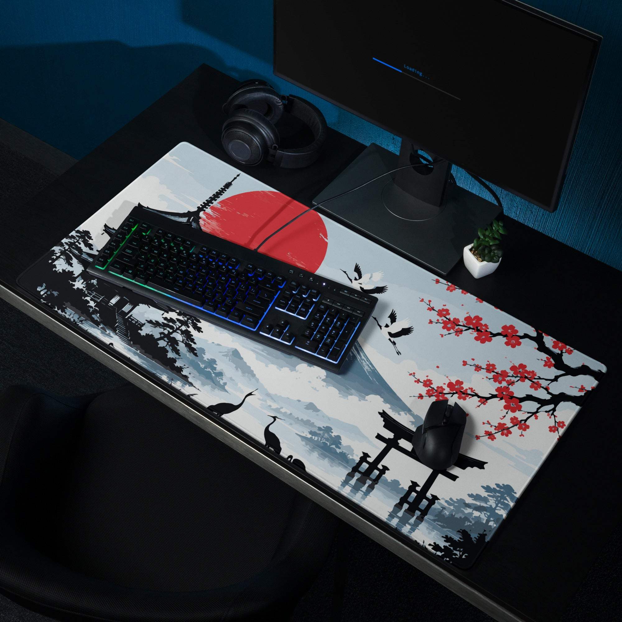 Zen Sakura Moon Mouse Pad - Mouse Pad Blue Red Black Desk Gaming Calm Mood Zen Decor Gamer Desk Mat