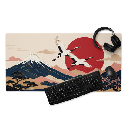 Zen Crane Landscape Pad - Landscape Mouse Pad Beige Red Sun Navy Mountains Ukiyoe Inspired Desk Serene Mood Japanese Art