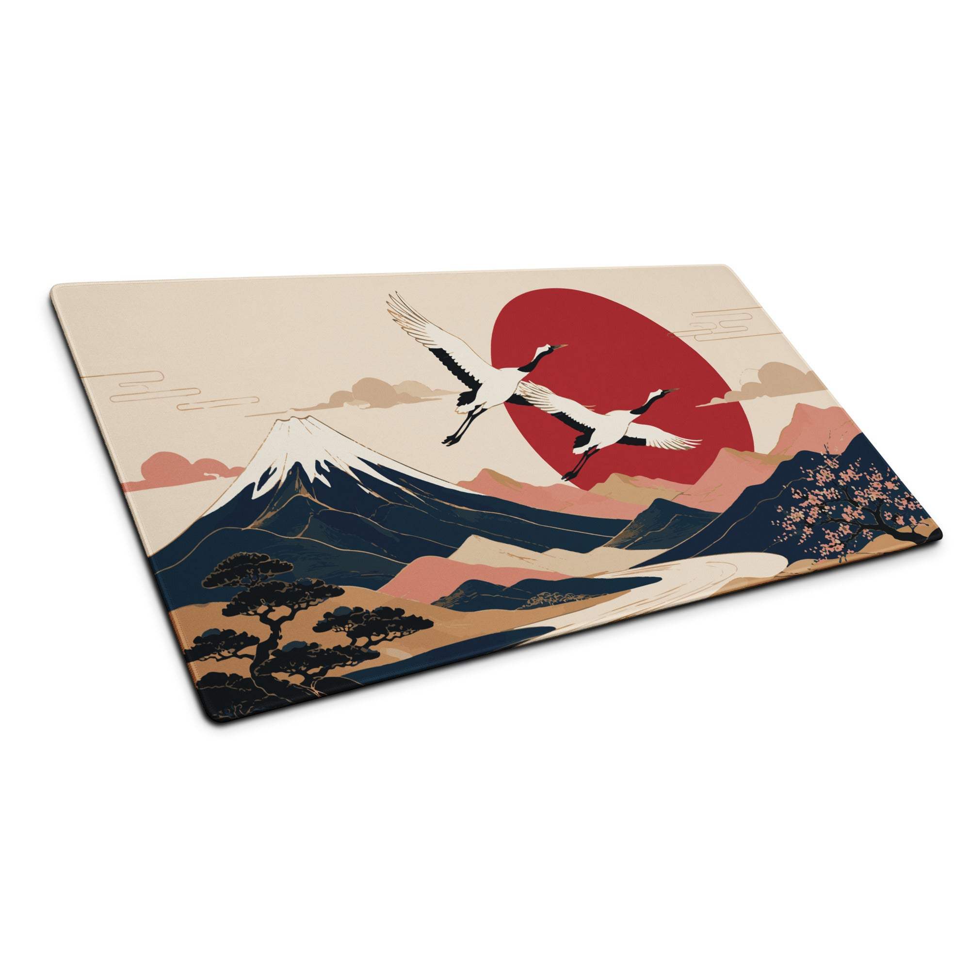 Zen Crane Landscape Pad - Landscape Mouse Pad Beige Red Sun Navy Mountains Ukiyoe Inspired Desk Serene Mood Japanese Art