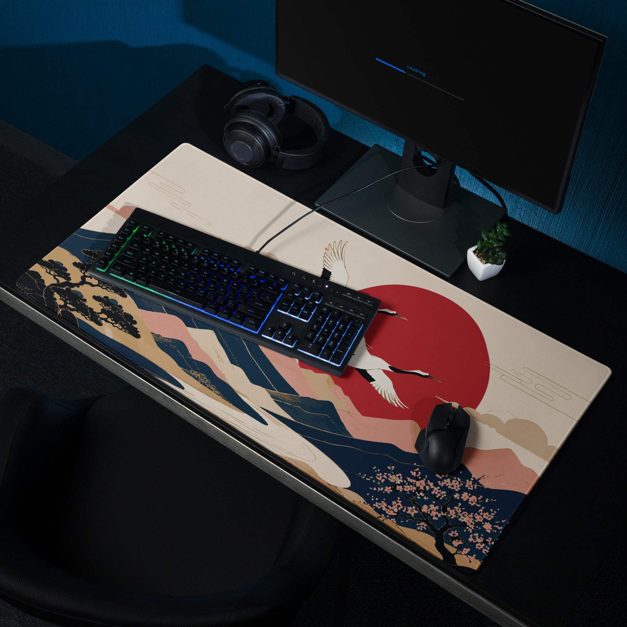 Zen Crane Landscape Pad - Landscape Mouse Pad Beige Red Sun Navy Mountains Ukiyoe Inspired Desk Serene Mood Japanese Art