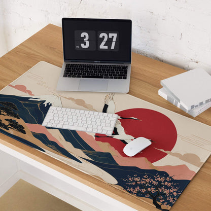 Zen Crane Landscape Pad - Landscape Mouse Pad Beige Red Sun Navy Mountains Ukiyoe Inspired Desk Serene Mood Japanese Art