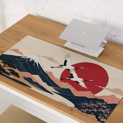 Zen Crane Landscape Pad - Landscape Mouse Pad Beige Red Sun Navy Mountains Ukiyoe Inspired Desk Serene Mood Japanese Art