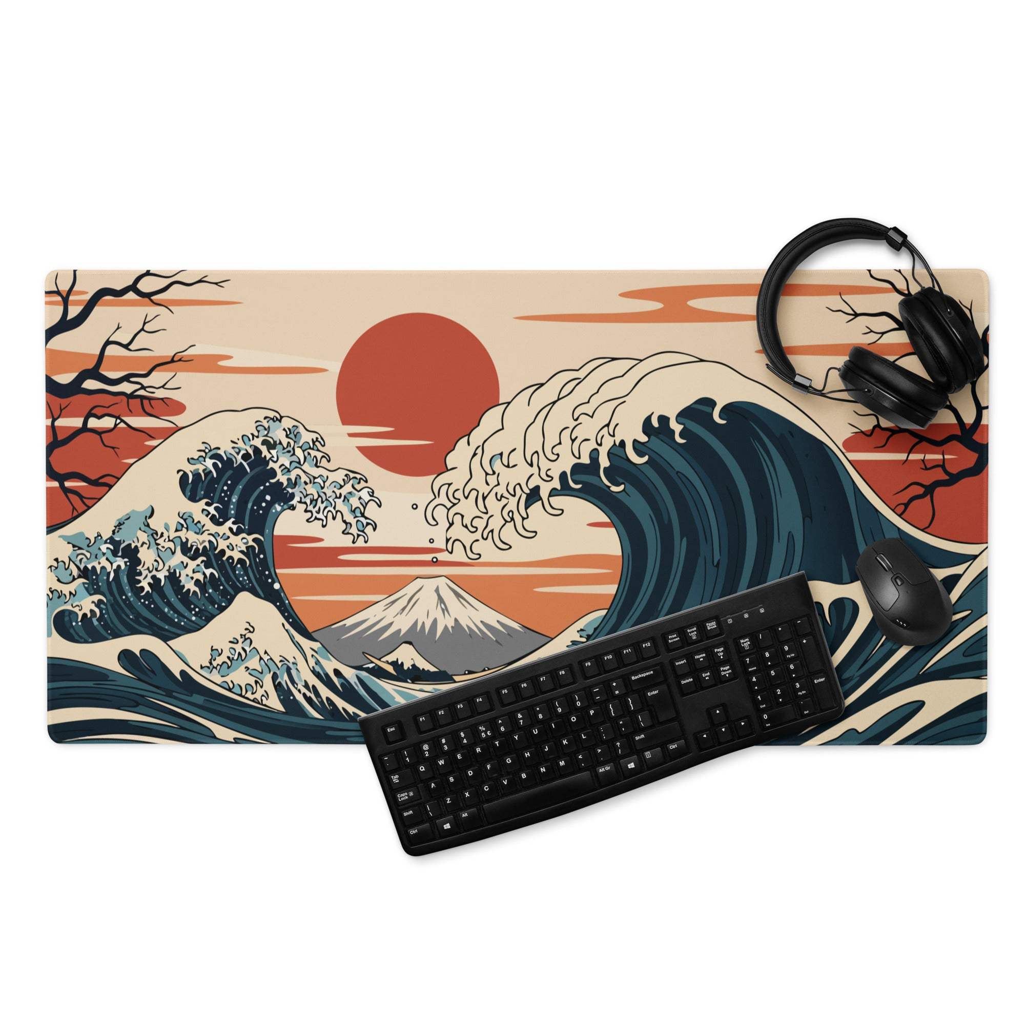 Kanagawa Wave Ukiyoe Mouse Pad - Mouse Pad Navy Beige Orange Gaming Ukiyoe Bold Japanese Desk Pad Woodblock Print