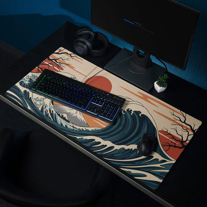 Kanagawa Wave Ukiyoe Mouse Pad - Mouse Pad Navy Beige Orange Gaming Ukiyoe Bold Japanese Desk Pad Woodblock Print