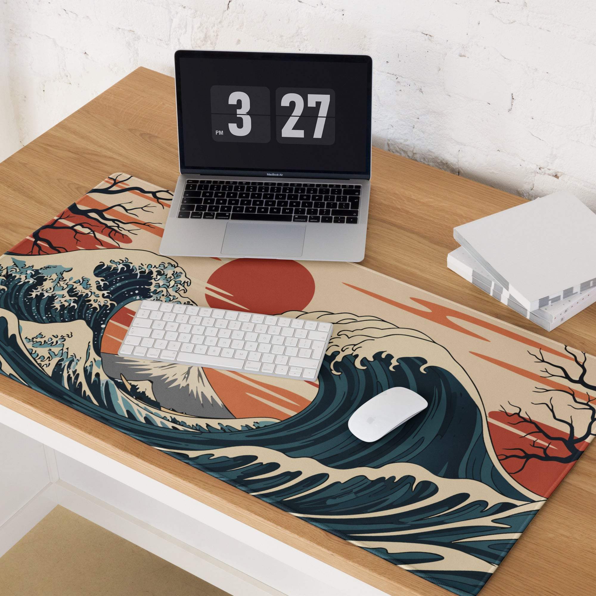 Kanagawa Wave Ukiyoe Mouse Pad - Mouse Pad Navy Beige Orange Gaming Ukiyoe Bold Japanese Desk Pad Woodblock Print