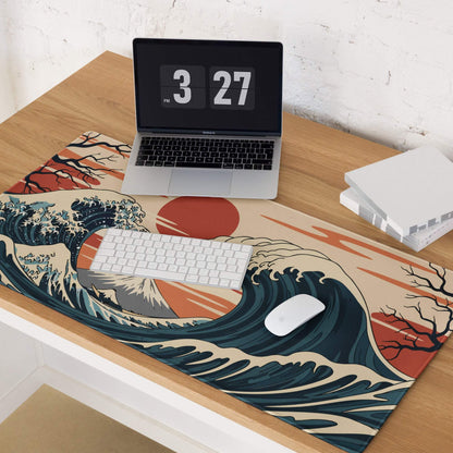 Kanagawa Wave Ukiyoe Mouse Pad - Mouse Pad Navy Beige Orange Gaming Ukiyoe Bold Japanese Desk Pad Woodblock Print