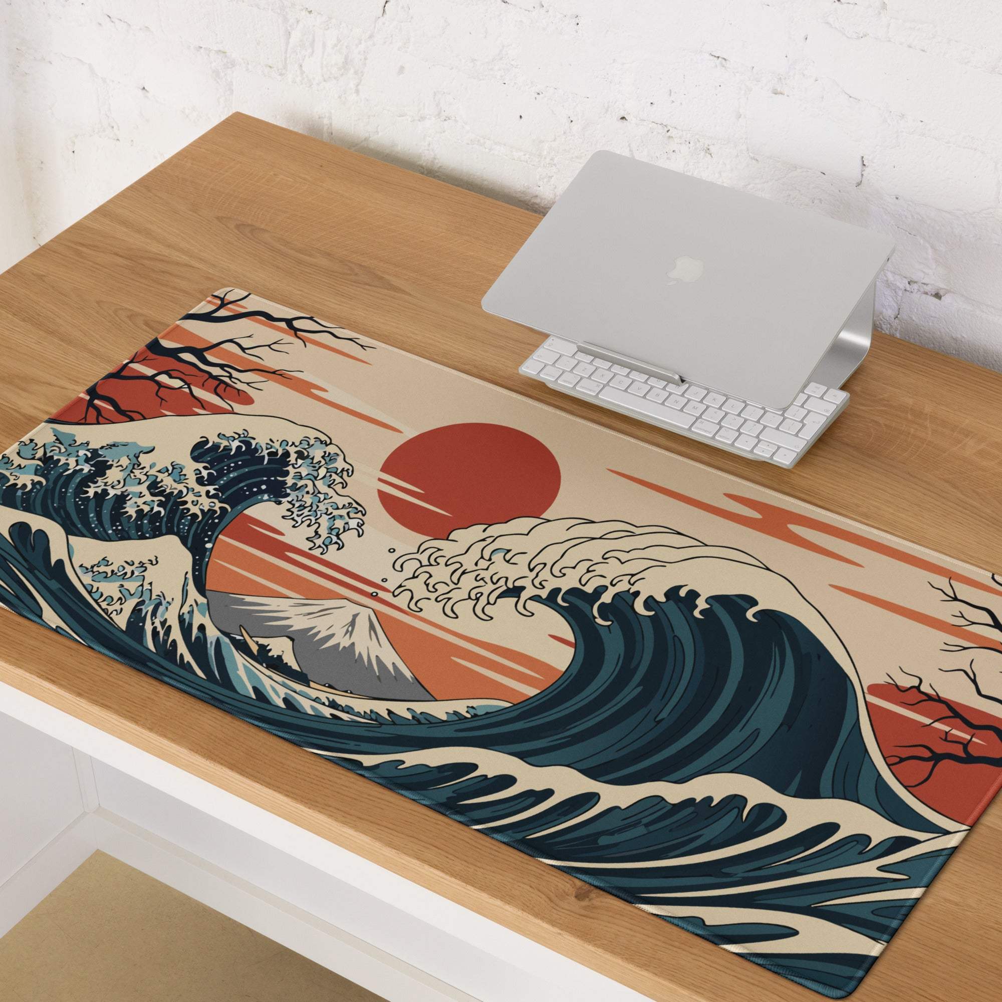 Kanagawa Wave Ukiyoe Mouse Pad - Mouse Pad Navy Beige Orange Gaming Ukiyoe Bold Japanese Desk Pad Woodblock Print
