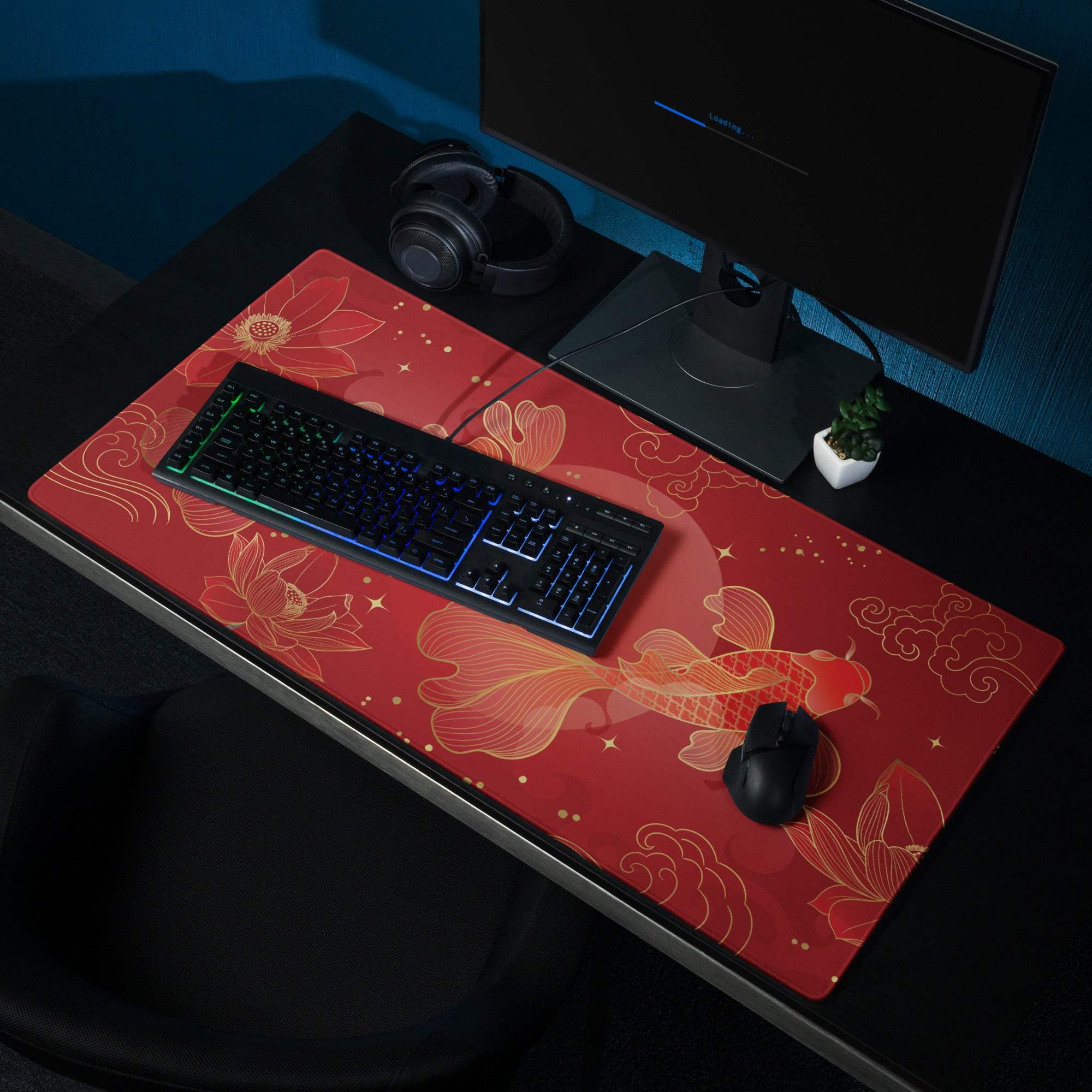 Red Gold Koi Desk Mat - Koi Fish Red Gold Gaming Desk Mat Asian Art - Festive Lux Oriental Non Slip Edge Stitch Line Art