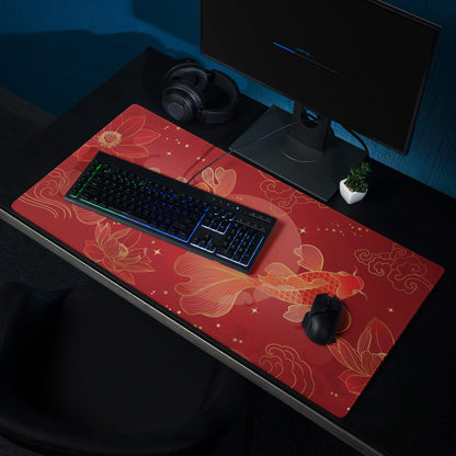 Red Gold Koi Desk Mat - Koi Fish Red Gold Gaming Desk Mat Asian Art - Festive Lux Oriental Non Slip Edge Stitch Line Art