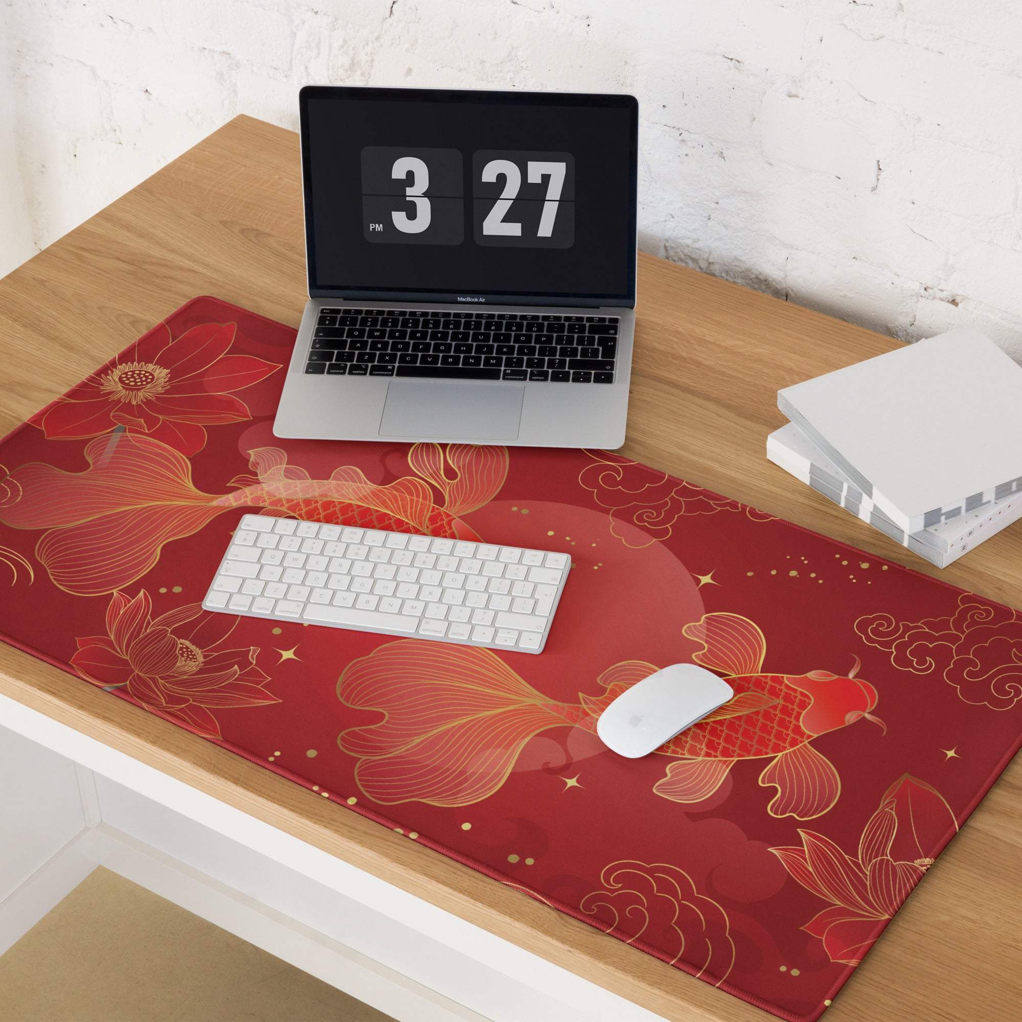 Red Gold Koi Desk Mat - Koi Fish Red Gold Gaming Desk Mat Asian Art - Festive Lux Oriental Non Slip Edge Stitch Line Art