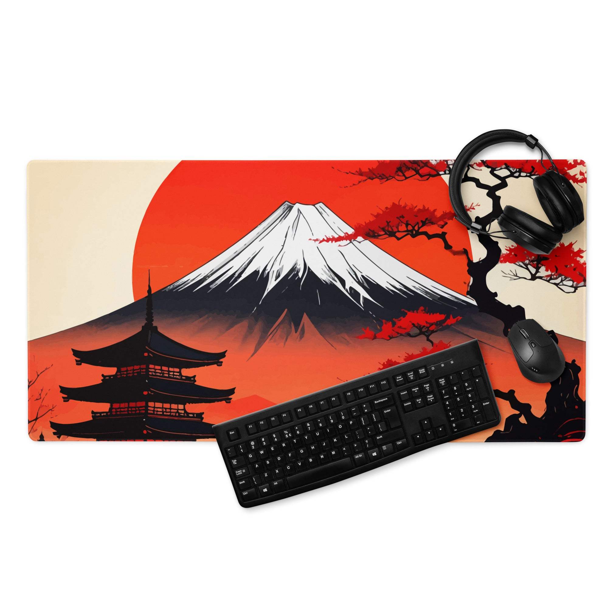 Fuji Sunset Zen Mountain Pad - Mount Fuji Red Black Ivory For Gaming Ukiyoe Mood Dramatic Japanese Decor Desk Pad Print