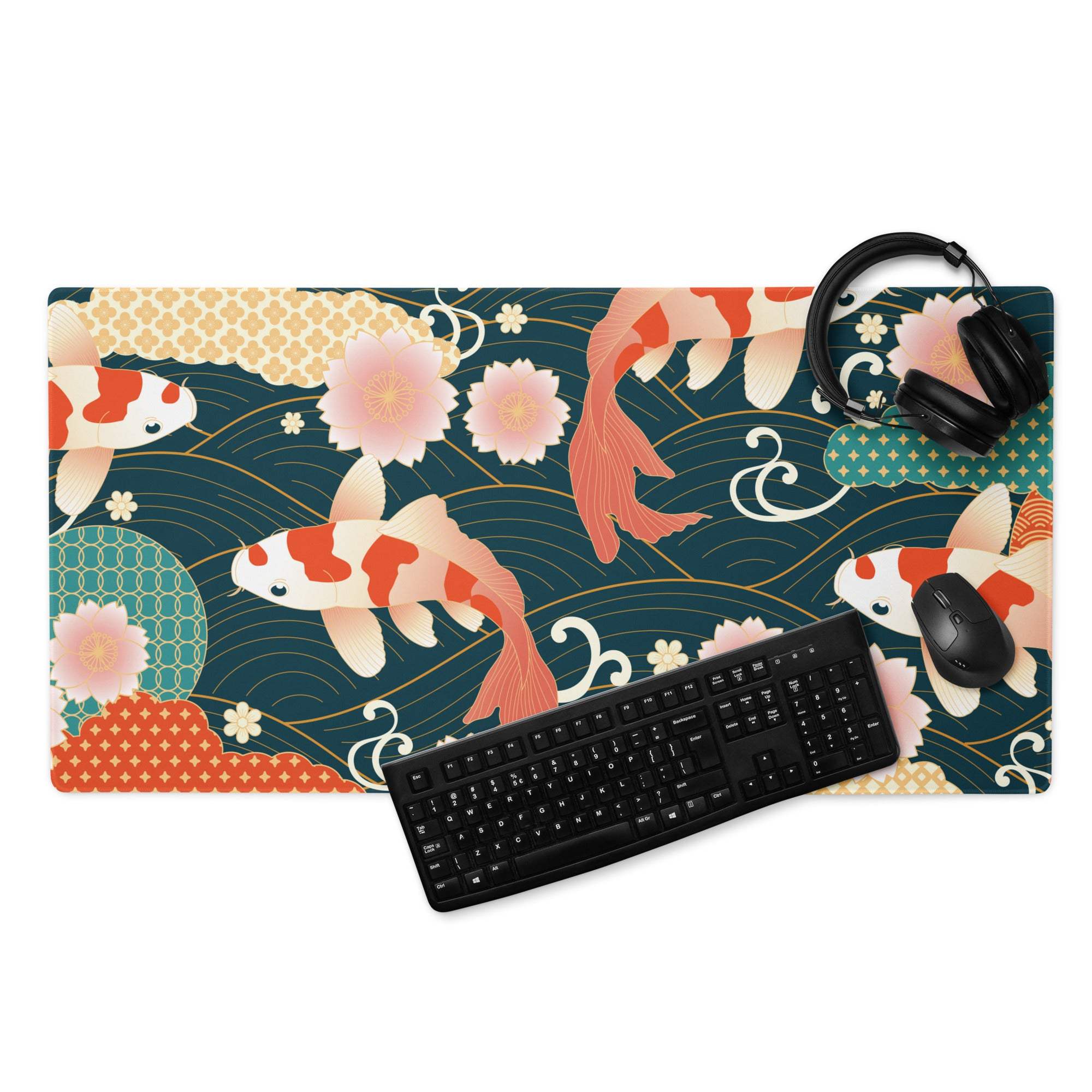 Koi Garden Ocean Mouse Pad - Koi Fish Pattern Navy Teal Gold Desk Gaming Ukiyoe Vibrant Oriental Koi Desk Mat Digital Print